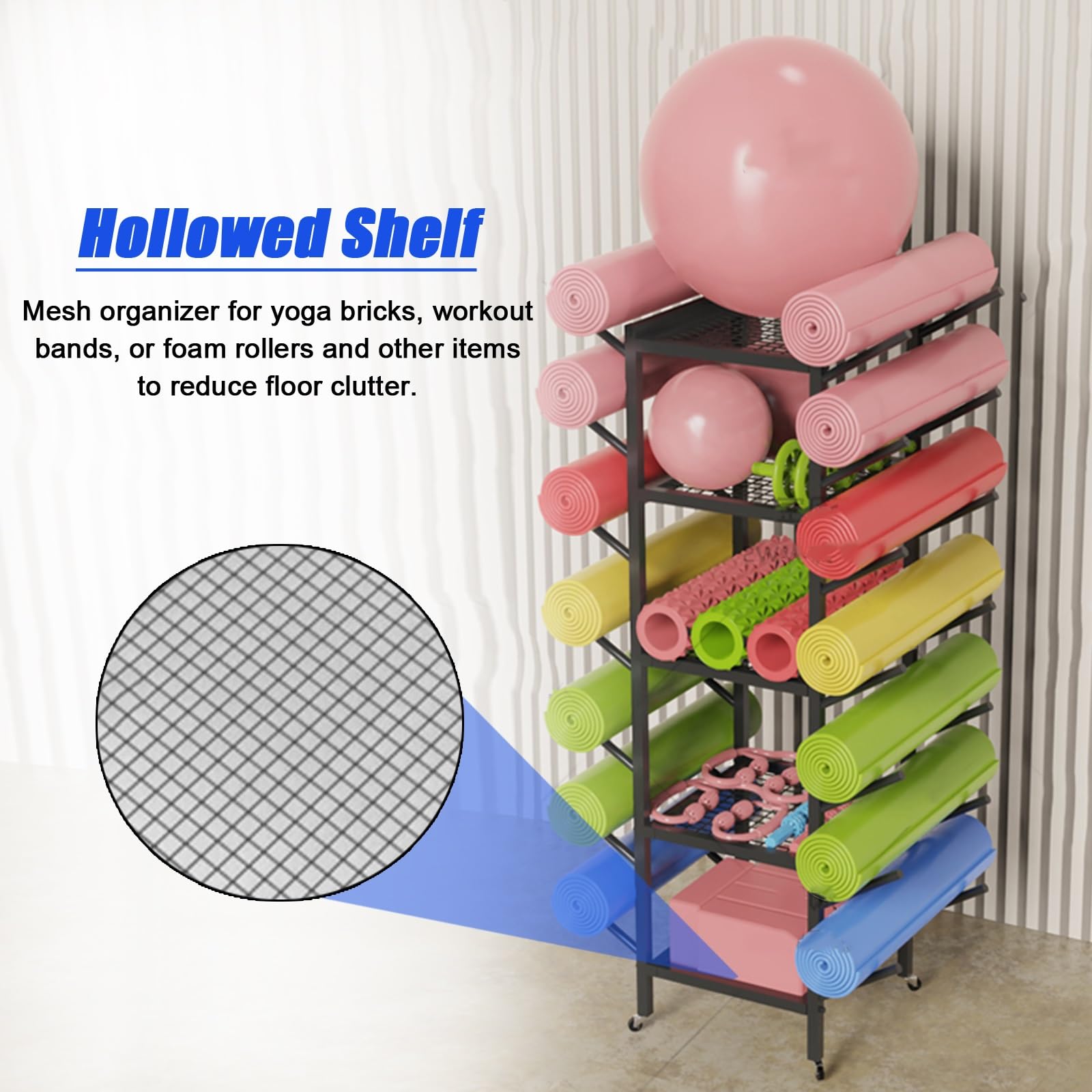 Soporte para Esterilla de Yoga, Soporte Independiente de 5 Niveles - Organizador móvil para esterillas de Fitness y Rodillos de Espuma, Ideal para gimnasios, Estudios, escuelas y Clubes - So