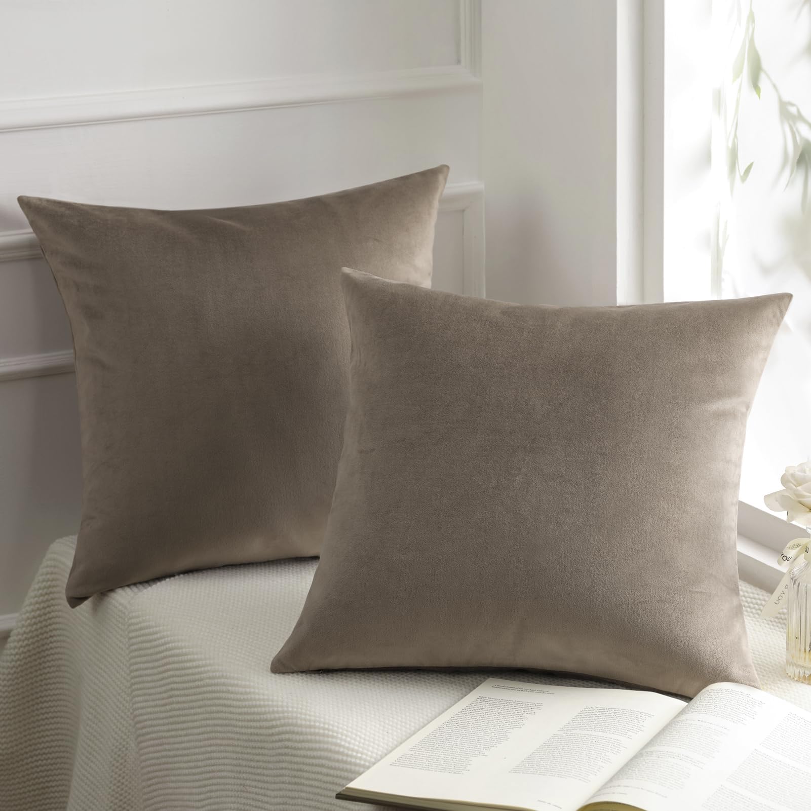 Phantoscope Pack of 2 Velvet Decorative Throw Pillow Covers Soft Solid Square Cushion Case for Couch Taupe 18 x 18 inches 45 x 45 cm