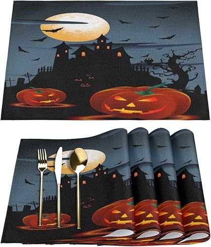Scary Pumpkins - Juego de 6 manteles individuales cuadrados de tela para mesa de cocina, resistentes al calor, fáciles de limpiar, 12 x 18 pulgadas
