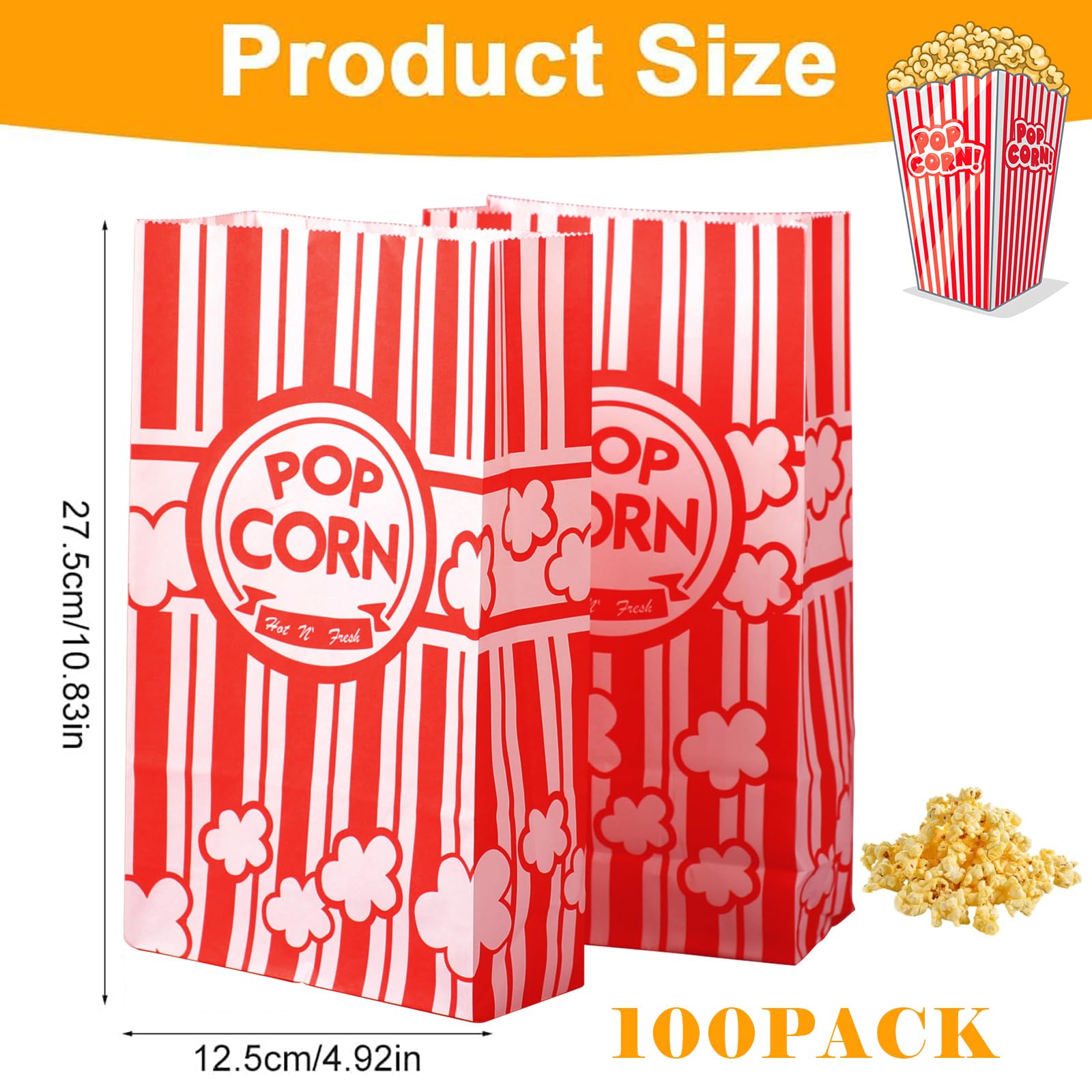 Sacchetti Popcorn Carta 100 Pezzi – Strisce Rosse E Bianche 21x9 Cm Per Feste E Caramelle