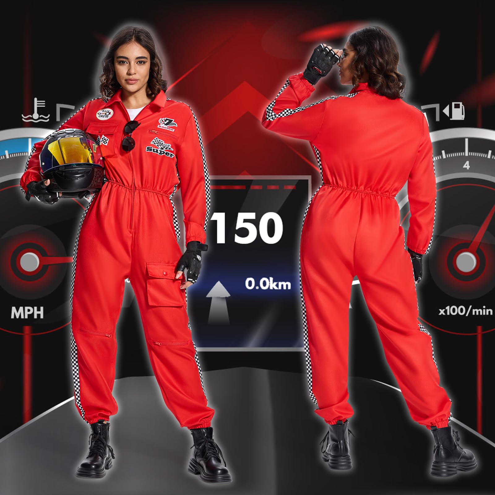 BuzzoXerex Rennfahrer Kostüm Damen, Rennfahrer Anzug Damen mit Handschuhe, Hüte, Sonnenbrille Rennfahrer Kostüm Overall Jumpsuit für Karneval, Party, Cosplay (Rot, M)