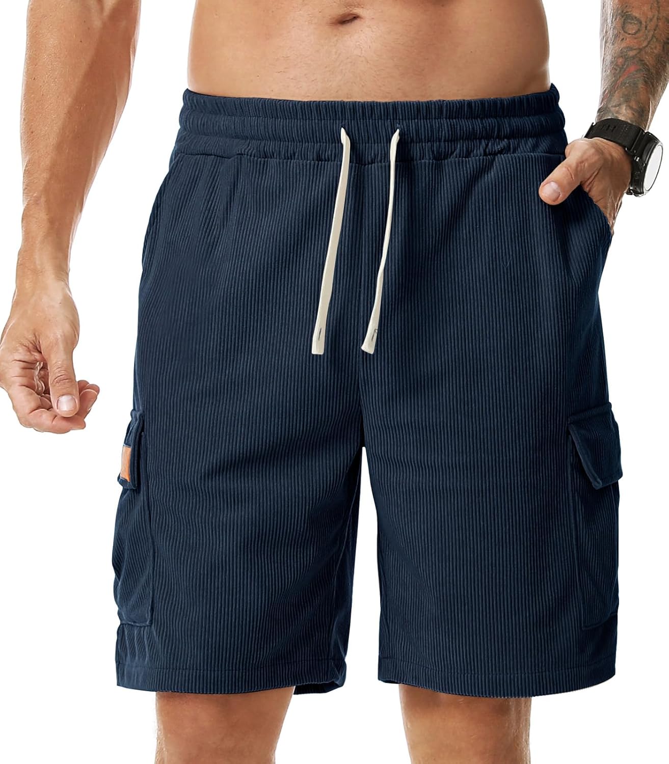 Surenow Mens Casual Corduroy Shorts Elastic Waistband Drawstring Shorts Summer Jogging Sport Short with Multi Pockets - Image 3