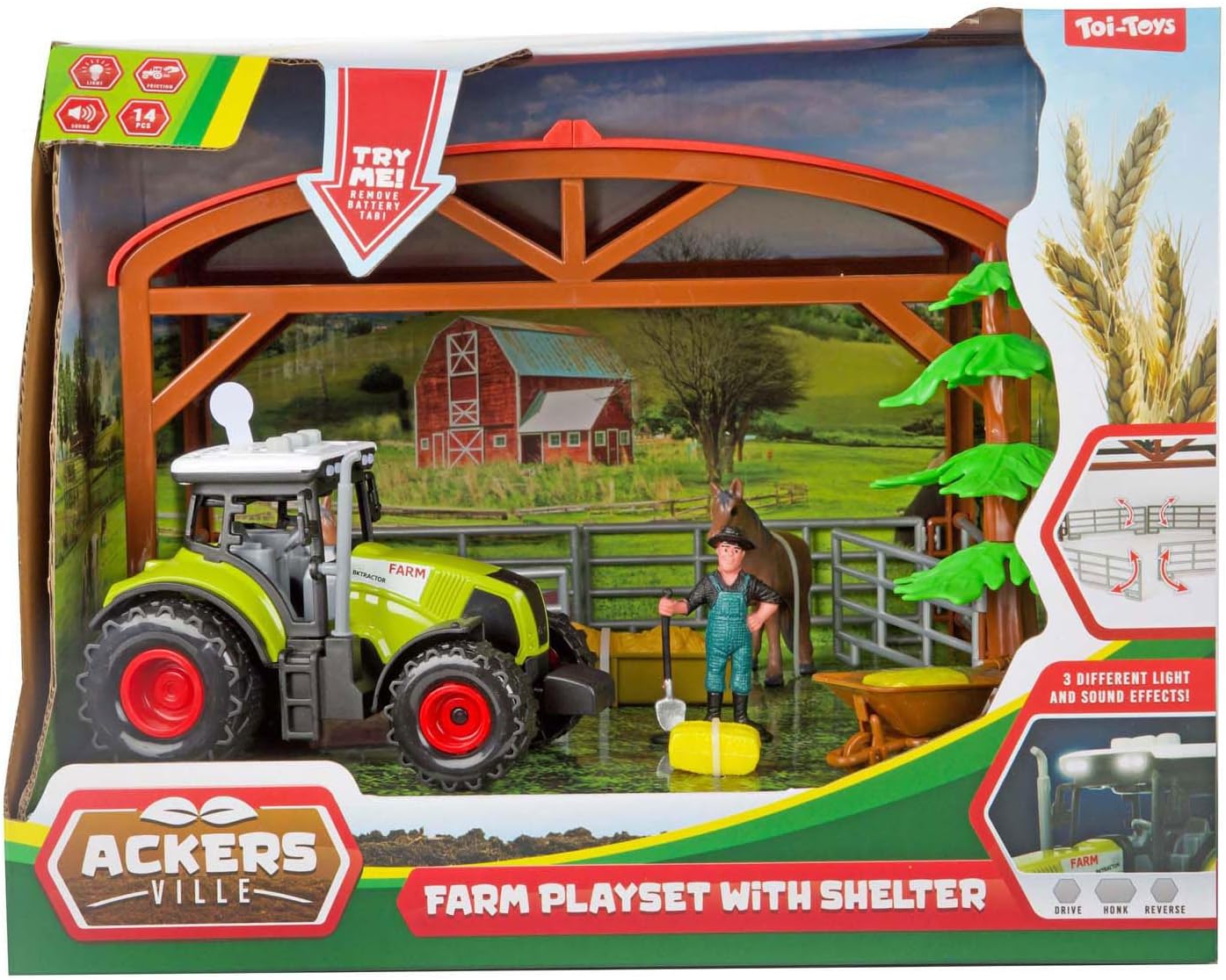 Toi-Toys Horse Stable Playset with Tractor Light and Sound, 14 Pieces