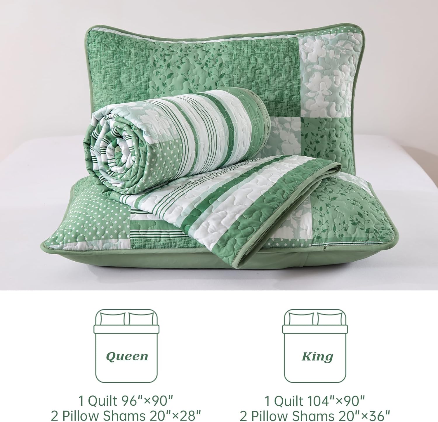 Drucon Green Patchwork Queen Quilt Bedding Set, Spring Summer Plaid Bedspreads, 3 Pieces Lightweight Soft Coverlet with 2 Pillow Shams for All Season 96x90 Inch