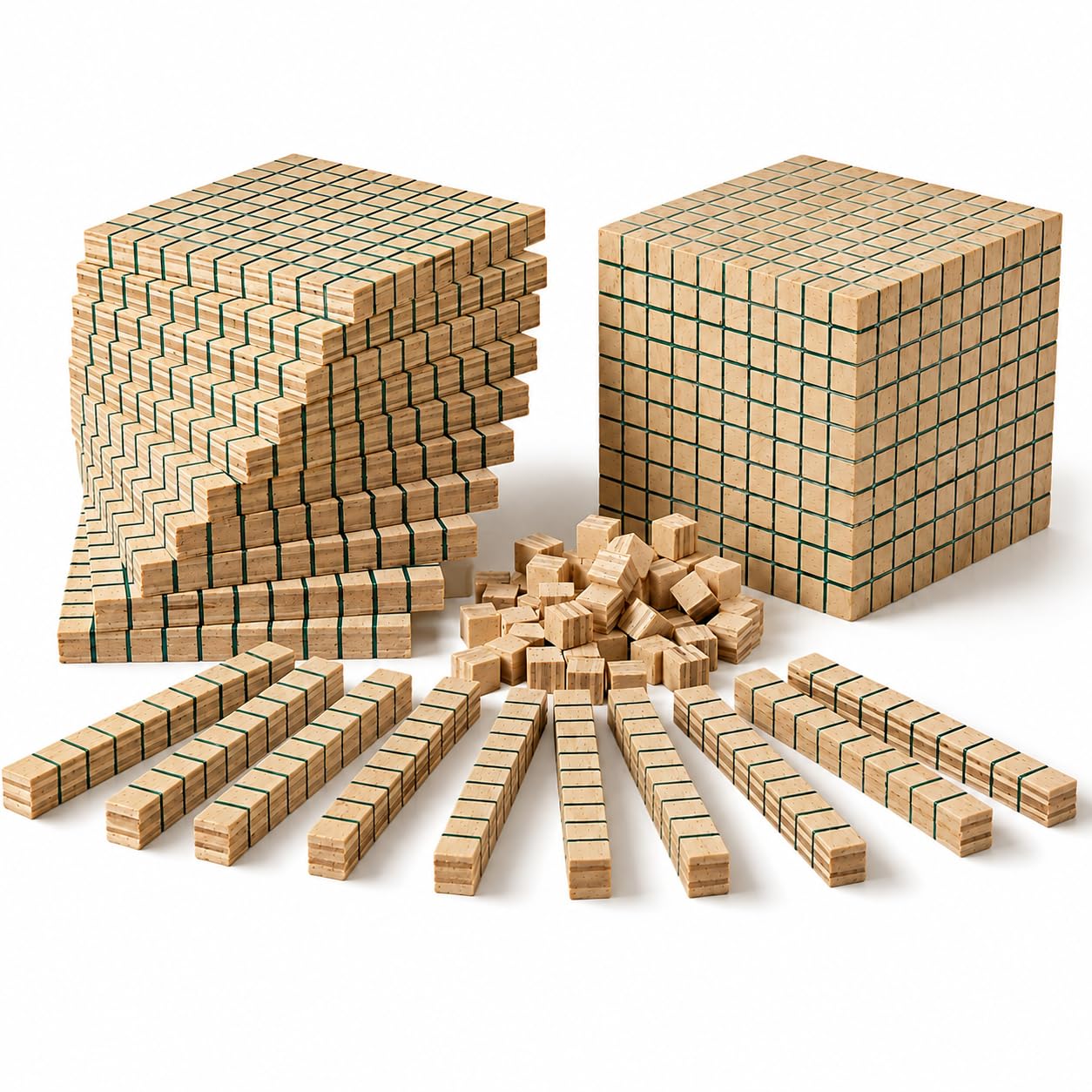 Dida - Ensemble de 121 Blocs en Bois Base 10, Matériaux Didactiques Montessori pour l'Apprentissage des Mathématiques, Blocs Arithmétiques Multibase Dienes pour Enfants