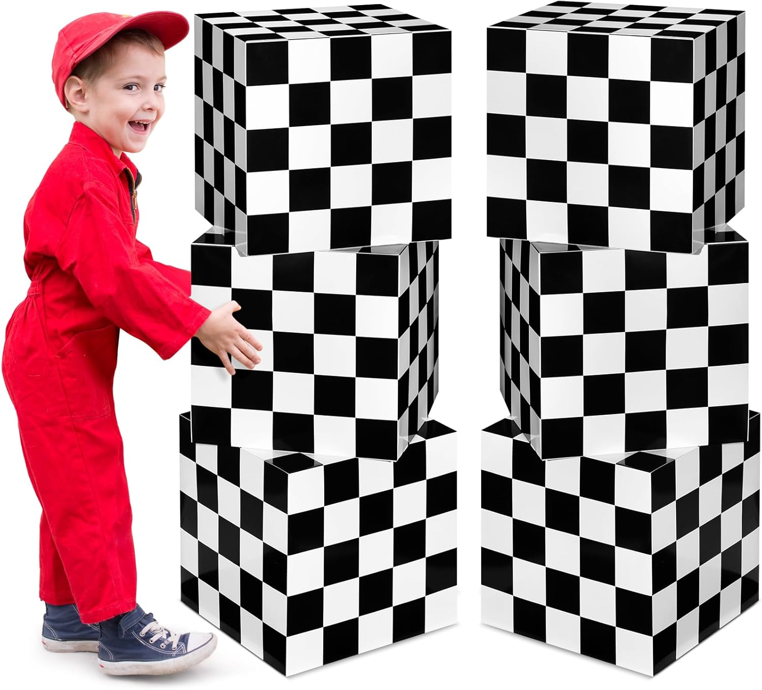 Dispowreath 6 Pcs Race Car Party Decorations Plaid Large Boxes for Decor 11.8 Inch Black and White Checkered Cardboard Big Box for Birthday Graduation Game Party Centerpiece Supplies