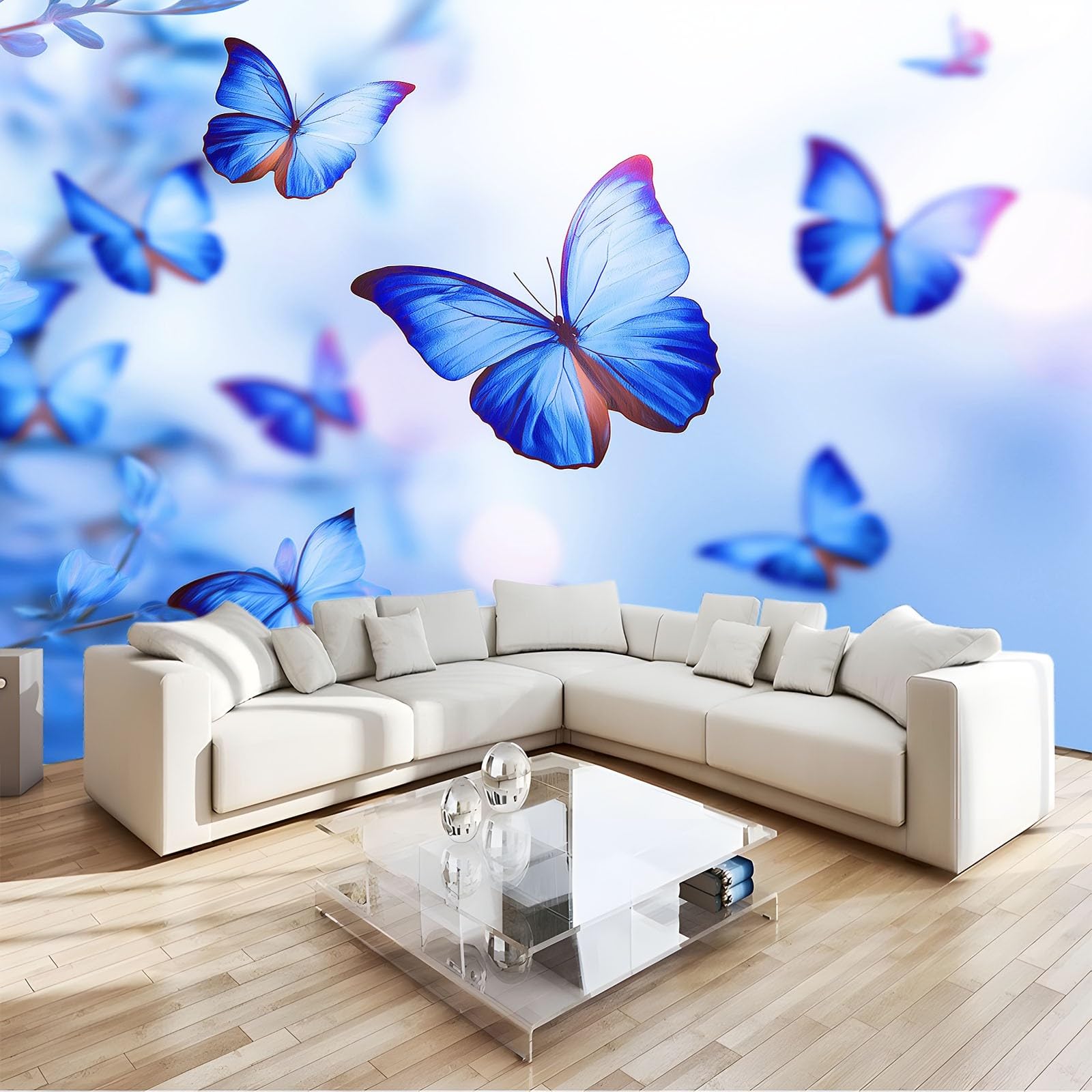 Fototapeta 3D 350 x 256 cm - niebieska włóknina tapeta ścienna do salonu i telewizora biura - dekoracja XXL niesamoprzylepna marzyciel światło i cień motyle w locie