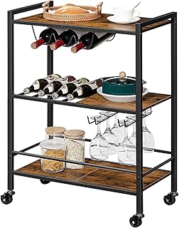 HOOBRO Serving Trolley, Kitchen Trolley, Lockable Bar Trolley with Universal Wheels, Serving Trolley with Wine Rack for Di...