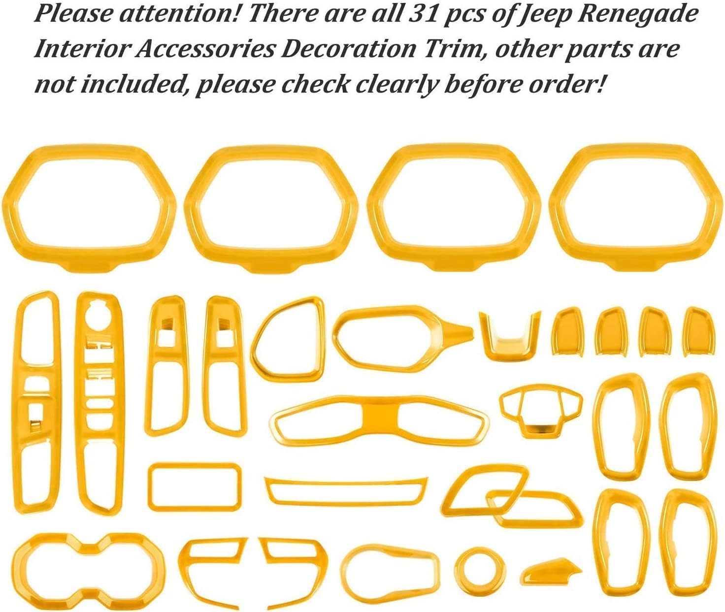 Toworldit 31Pcs/Set ABS Interior Accessories Dashboard Decoration Cover Trim Stickers Compatible with Jeep Renegade 2015-2020 (Yellow)