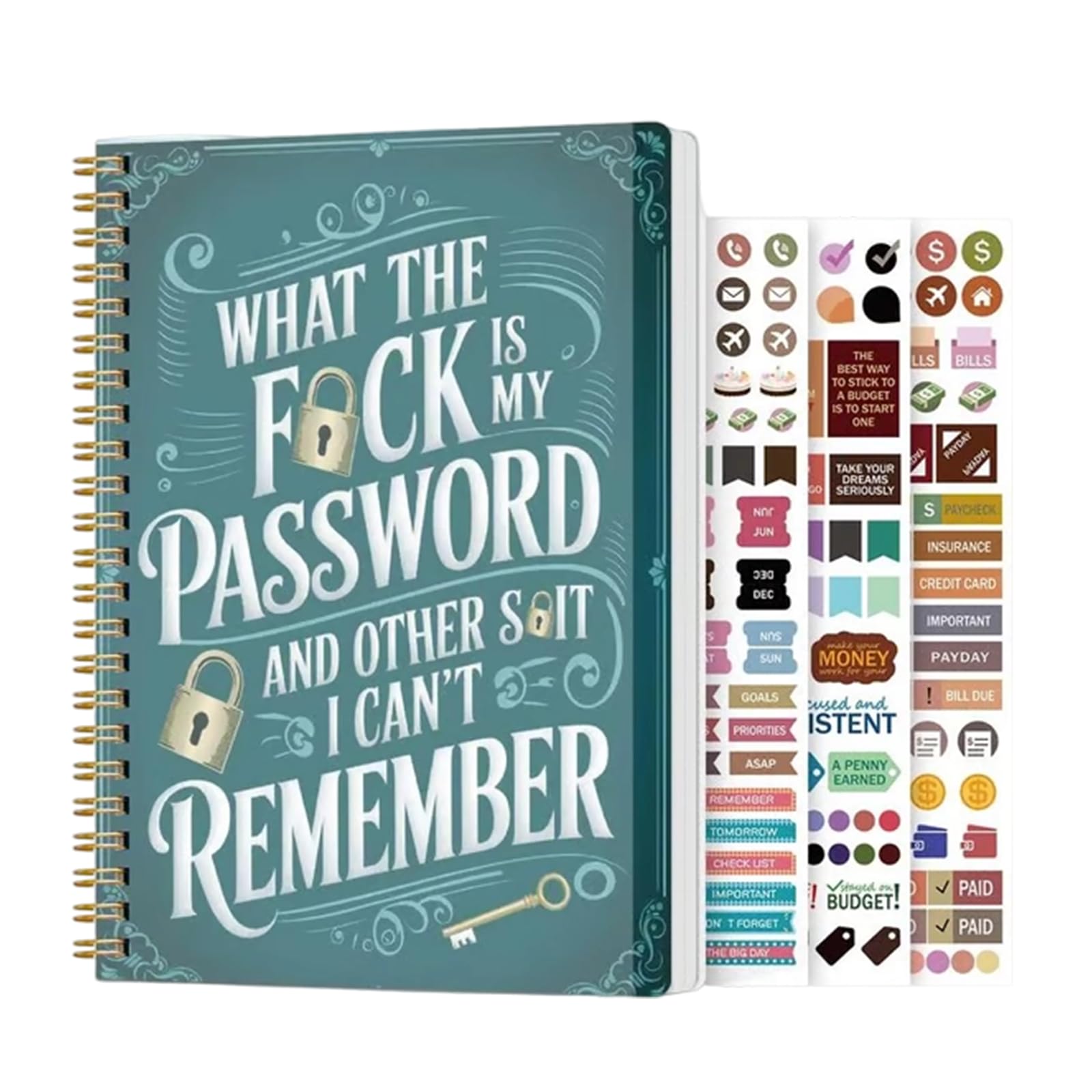 Funny Password Notebook, Spiral-Bound Password Organizer with Lock Icons, Sarcastic Internet Password Log Book for Adults, Funny Security Phrase Password Keeper with Stickers (Green)