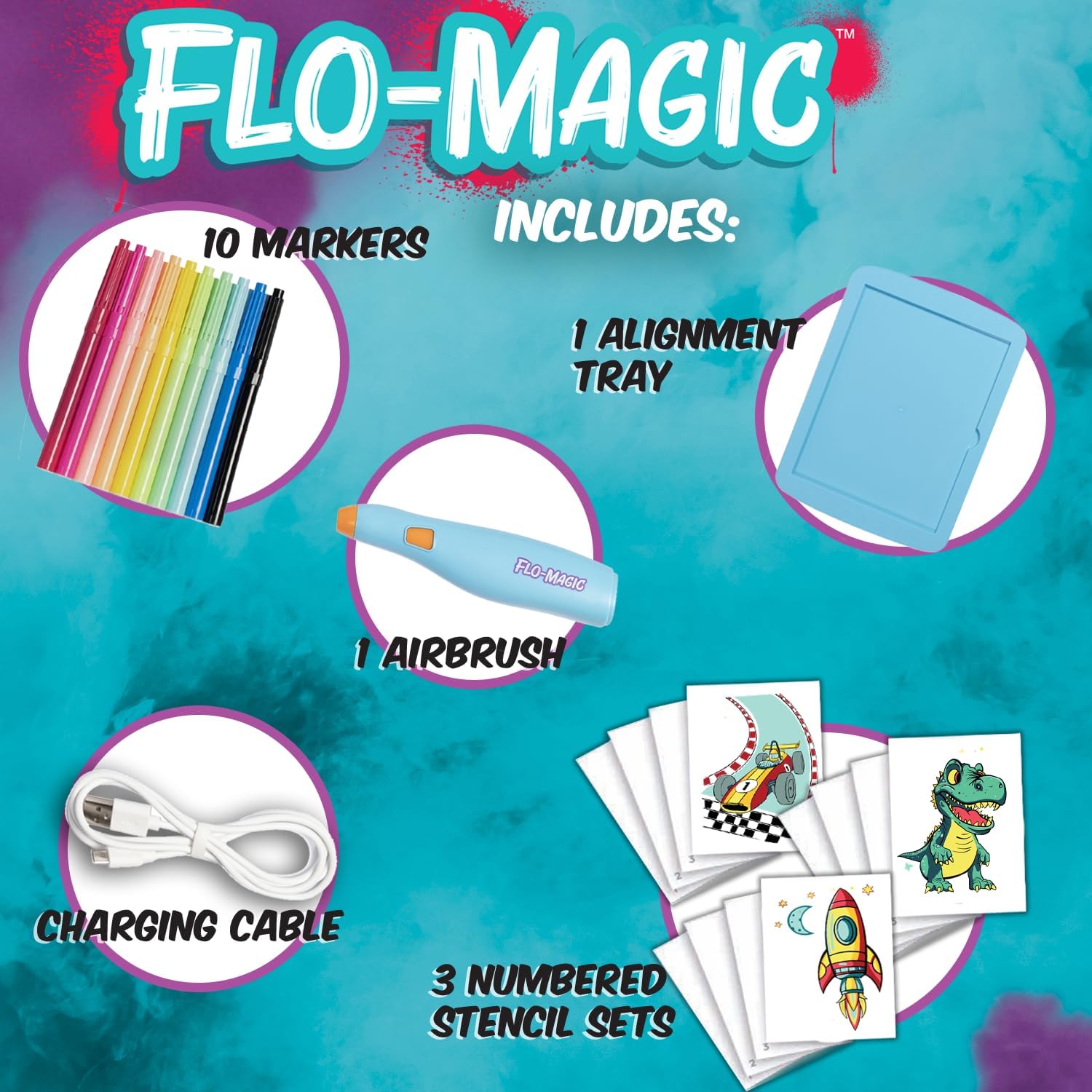 Flo-Magic Adventure Airbrush Marker Stencil Art Kit- Rocket, Race Car, Dinosaur- Washable Non-Toxic, Rechargeable- Craft kit for Kids Age 5 6 7 8 9 10