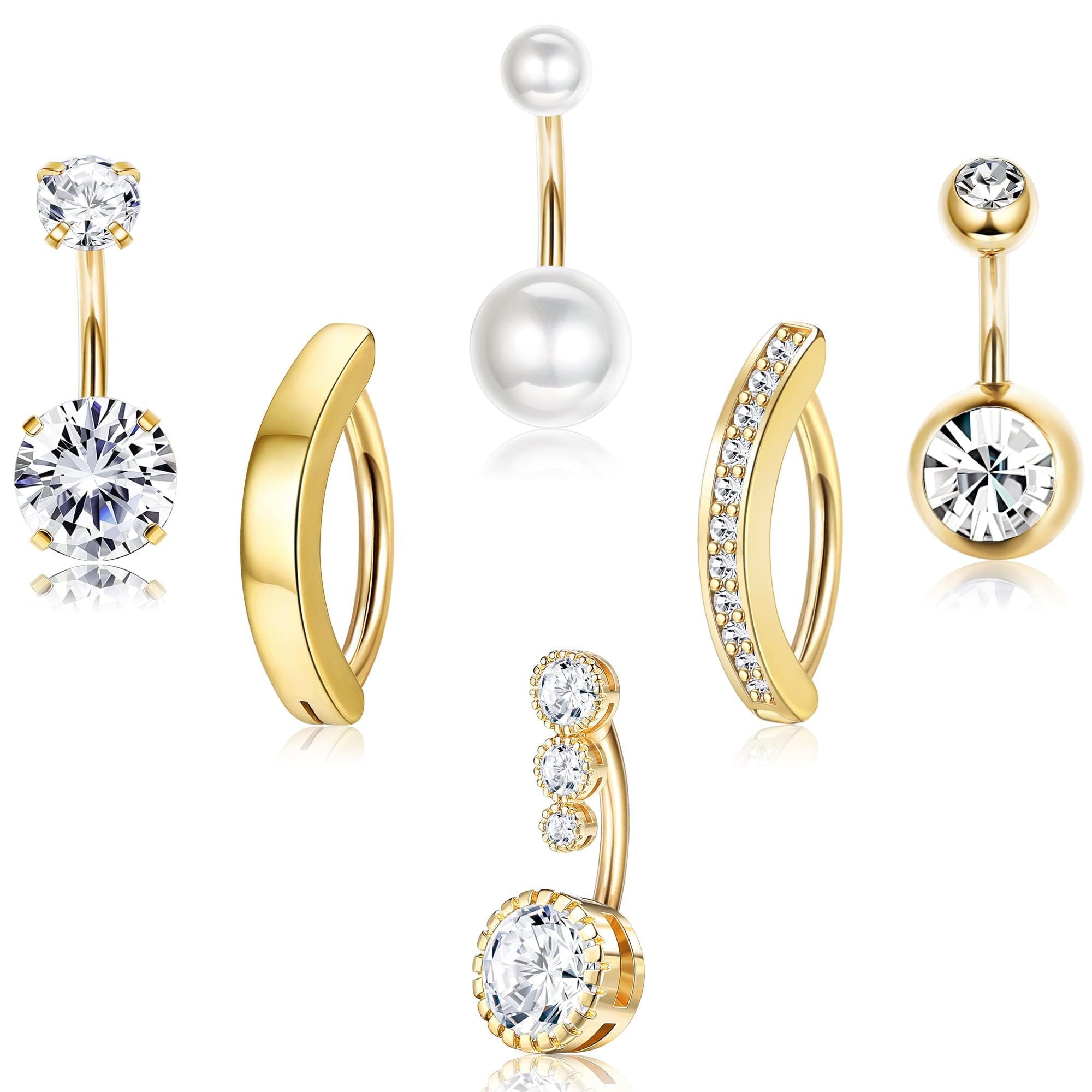 FIOROYAL 6Piezas Piercings Ombligo para Mujeres, 14G Piercing Ombligo Acero Quirurgico, Piercing Ombligo Oro/Plata, CZ Clicker Chapados Piercing Ombligo