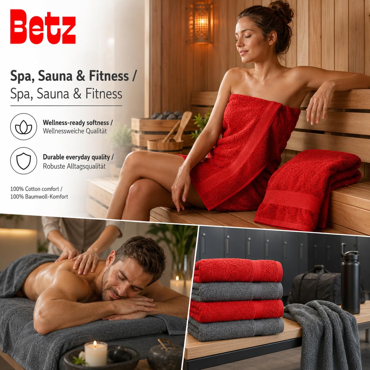 Betz Premium Frottier Handtuch-Set 10-teilig - 2X Duschtücher - 4X Handtücher - 2X Gästetücher - 2X Seiftücher - 2X Waschhandschuhe - Farbe Rot & Anthrazit