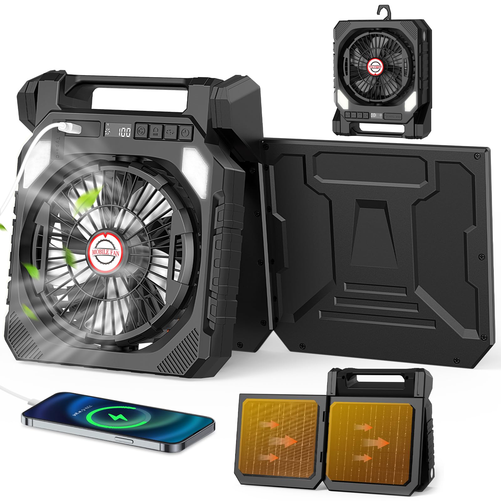 Astarama Solar Camping Fan with 2 Solar Panels,20000mAh Rechargeable Battery,LED Light,Shaking Head,Digital Display,Flashlight,Timer,4 Speeds. Portable Fan for Travel Outdoor Camping Gadgets (Black)