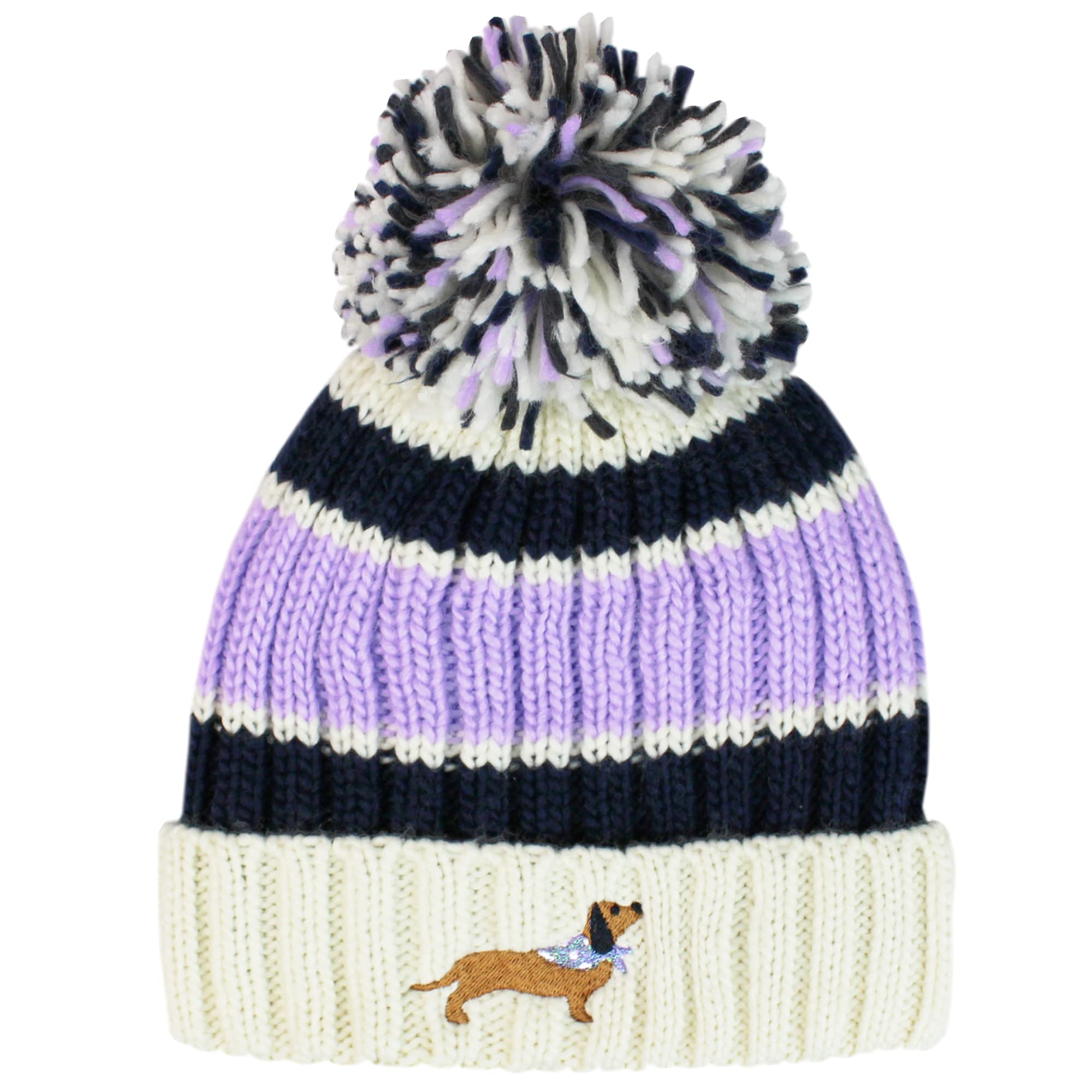 Teddyts Women's Lilac & Cream Dachshund Sausage Dog Striped Fleece Lined Chunky Cable Knit Bobble Hat (Lilac & Cream)