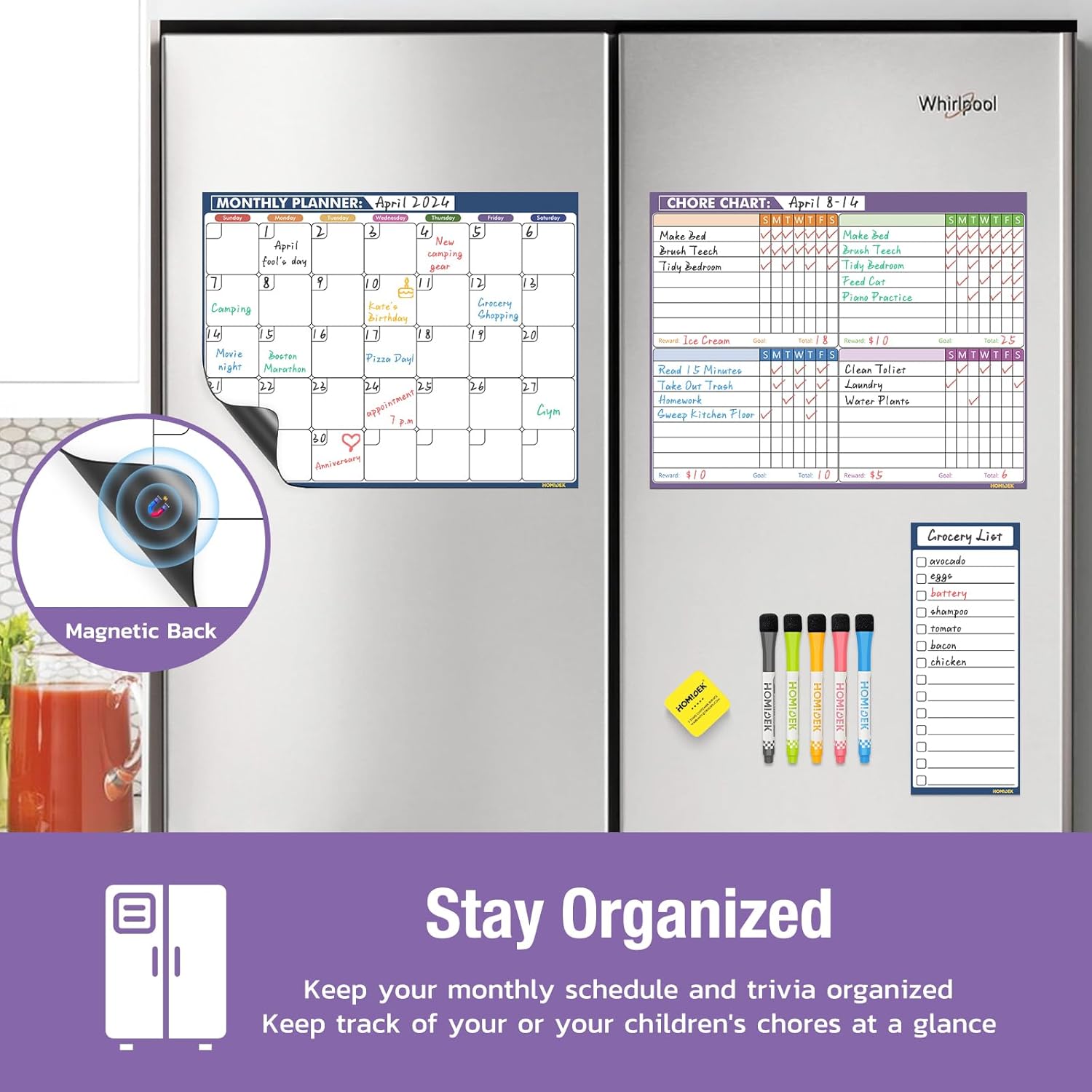 3PCS 12 x 8 inches Magnetic Whiteboard for Fridge + Dry Erase Whiteboard Calendar and Family Chore Chart for Kids Adults with Magnetic List