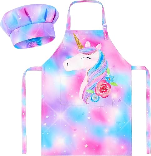 MHJY Juego de delantal y sombrero de chef para niños, para cocinar, hornear, pintar, bonito delantal para niñas pequeñas con bolsillos, color azul y