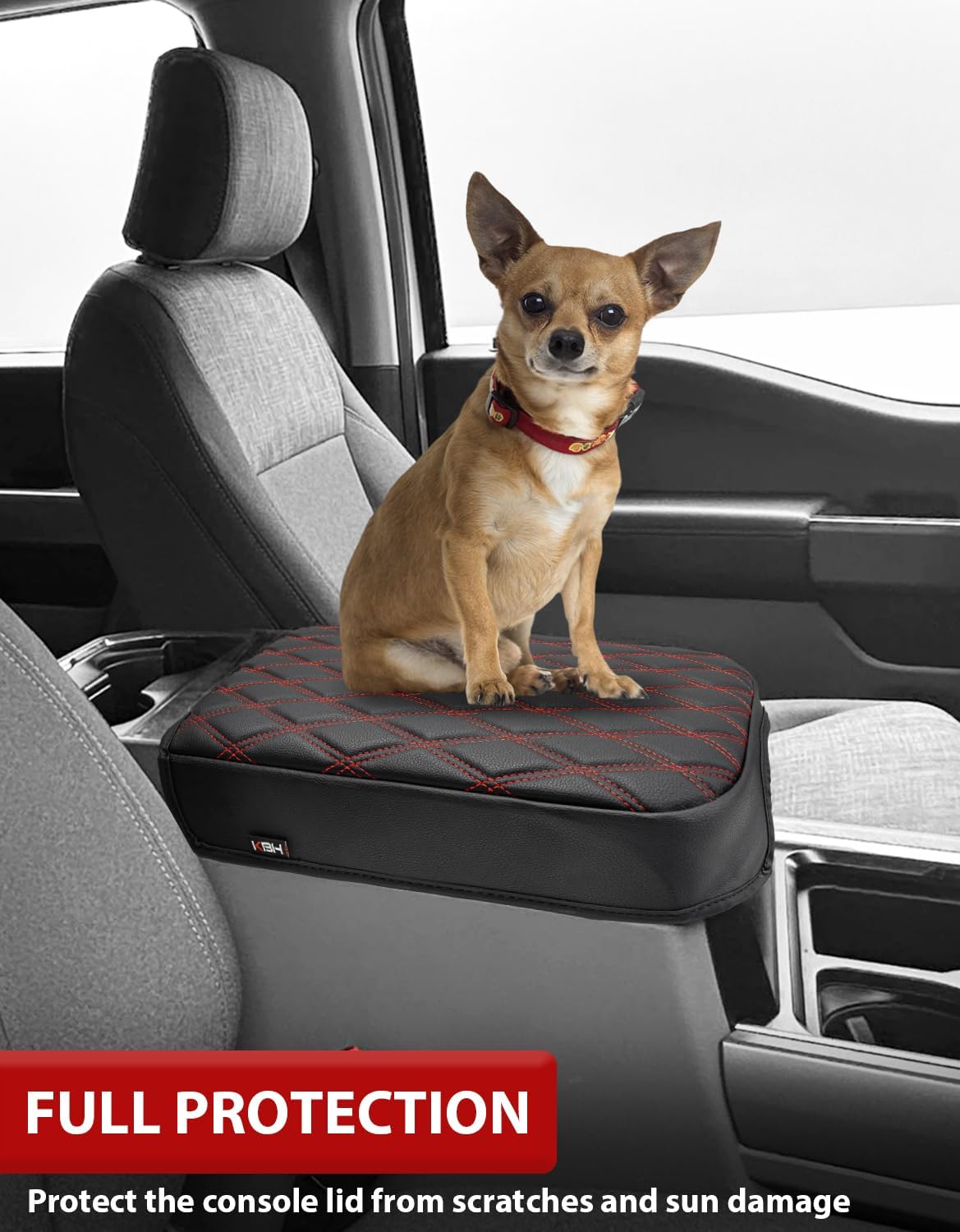 KBH Center Console Armrest Cover for Ford F250 F350 F450 F550 2023 2024 2025 2026, Bucket Seat Console, Super Duty Accessories, Arm Rest Lid Cushion Covering, Anti-Scratch, Black-Red Stitch