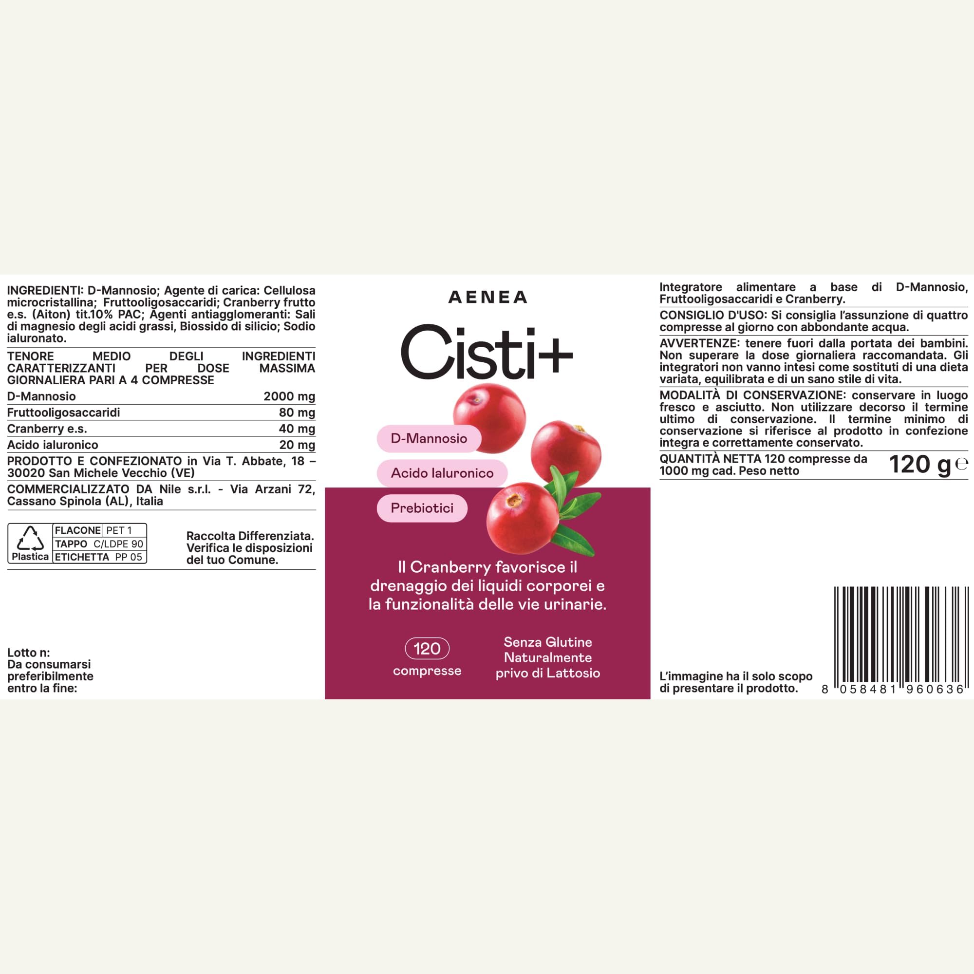 Cisti+ Integratore Cistite Donna 120cpr con D Mannosio Puro 2000mg, Mirtillo Rosso, Cranberry, Acido Ialuronico, Prebiotici per Benessere Vie Urinarie, Drenaggio Liquidi, Integratori Vie Urinarie
