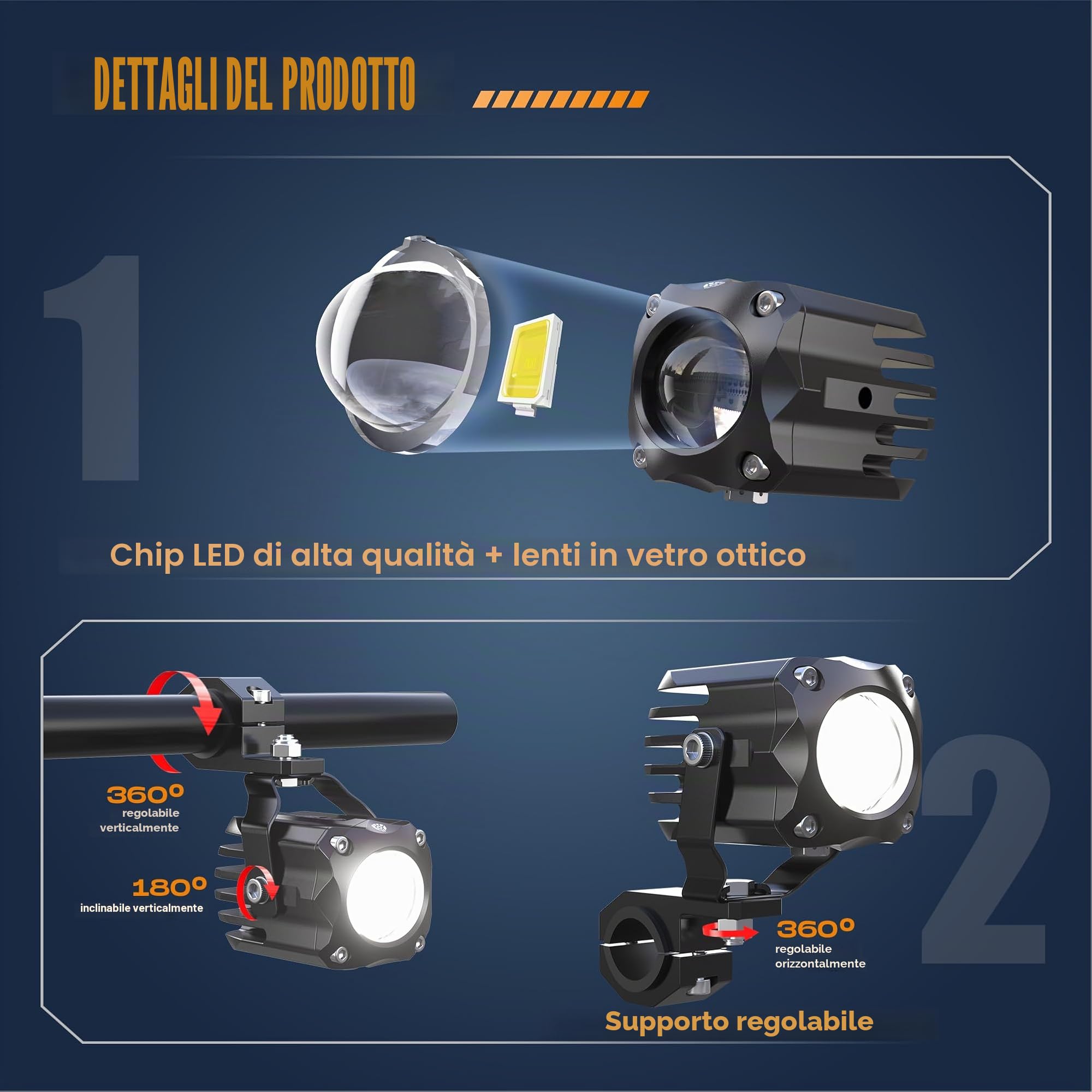 Future Eyes Faretti Supplementari Moto LED 120W 12000LM CE E-Mark E57, IP67 Impermeabili Fari, Fari Supplementari Moto 60W Doppio Fascio con Supporto 360°