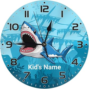 Custom Blue Shark Wall Clock for Kids Room, Personalized Kid Name Wall Clocks Birthday Gift, Customized 10 inch Round Clock Children Room Decor for Boys Girls