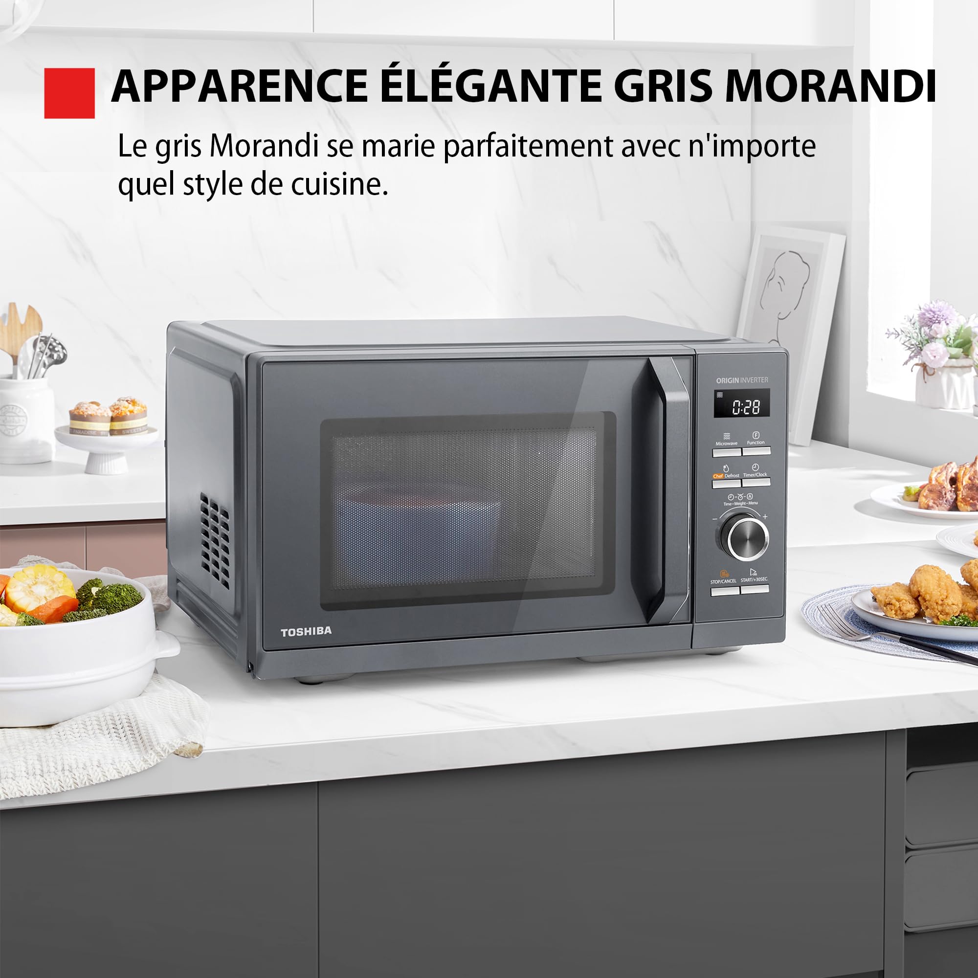 Toshiba Four à Micro-ondes Multifonction 26L,MW3-AC26SFI(MG), Grande capacité, Combiné 6-en-1 avec Friteuse à Air, Chef Defrost, Avec bol vapeur, Gris Morandi