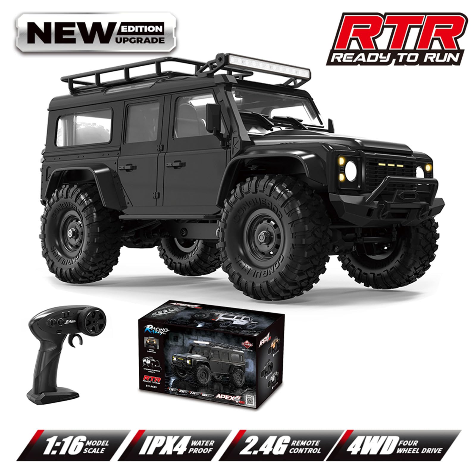 4WD Modèle Crawler Chariot à télécommande Échelle 1/16 Véhicule tout-terrain avec lumière de toit LED Jouet de compétition pour adulte