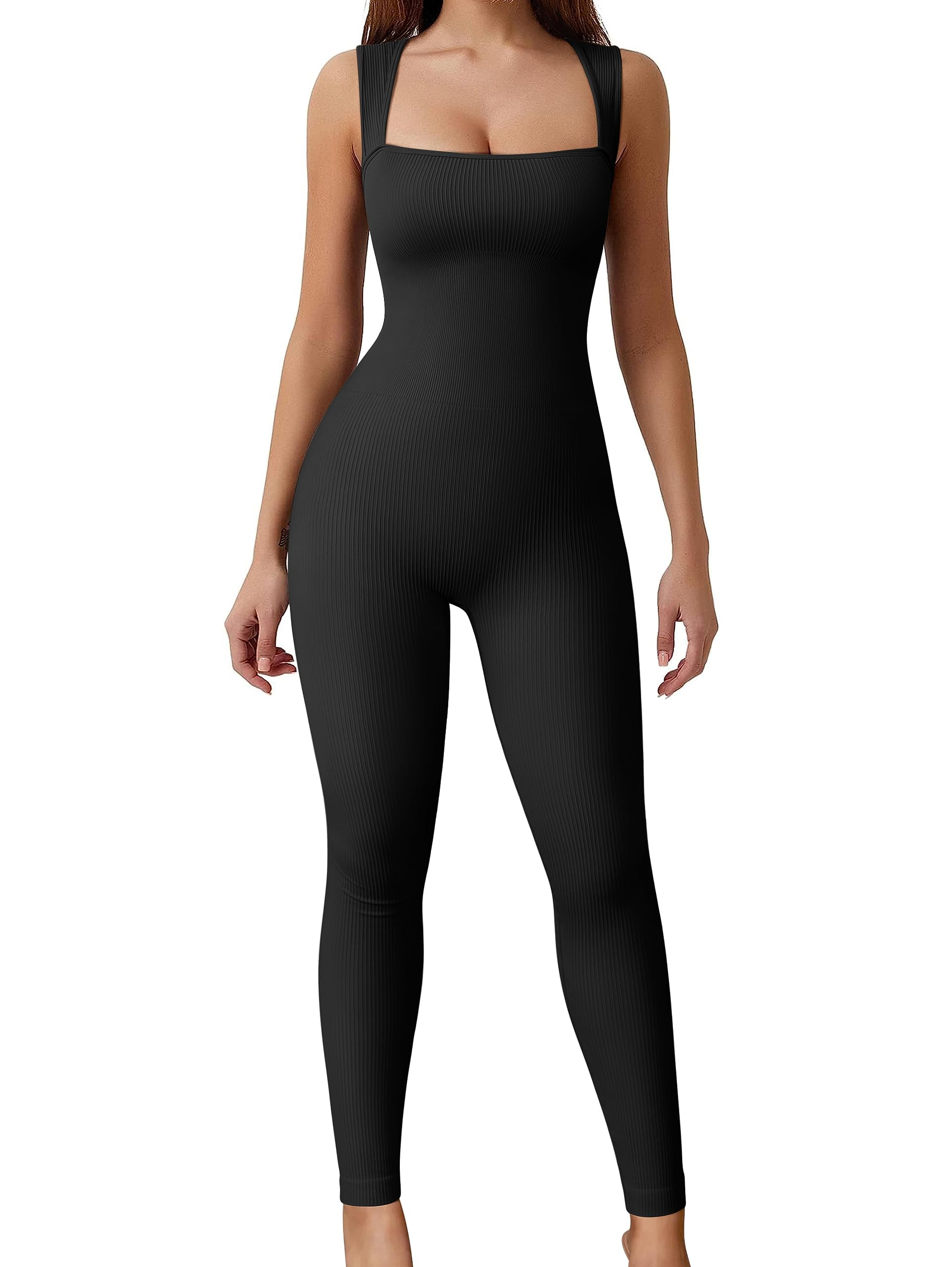 OQQ Women Yoga Jumpsuits Workout Ribbed Square Neck Sleeveless Tank Tops Exercise Jumpsuits size M 