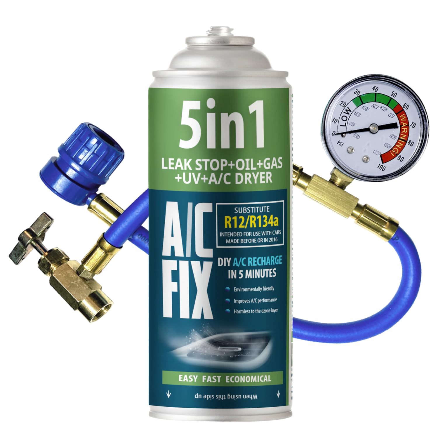 AC FIX 5 en 1 – R134a + R134a XL 470 g Refrigerante para aire acondicionado de coche con aceite, sellador, tinte UV y desecante. Aplicación rápida. Protege el compresor. - 5