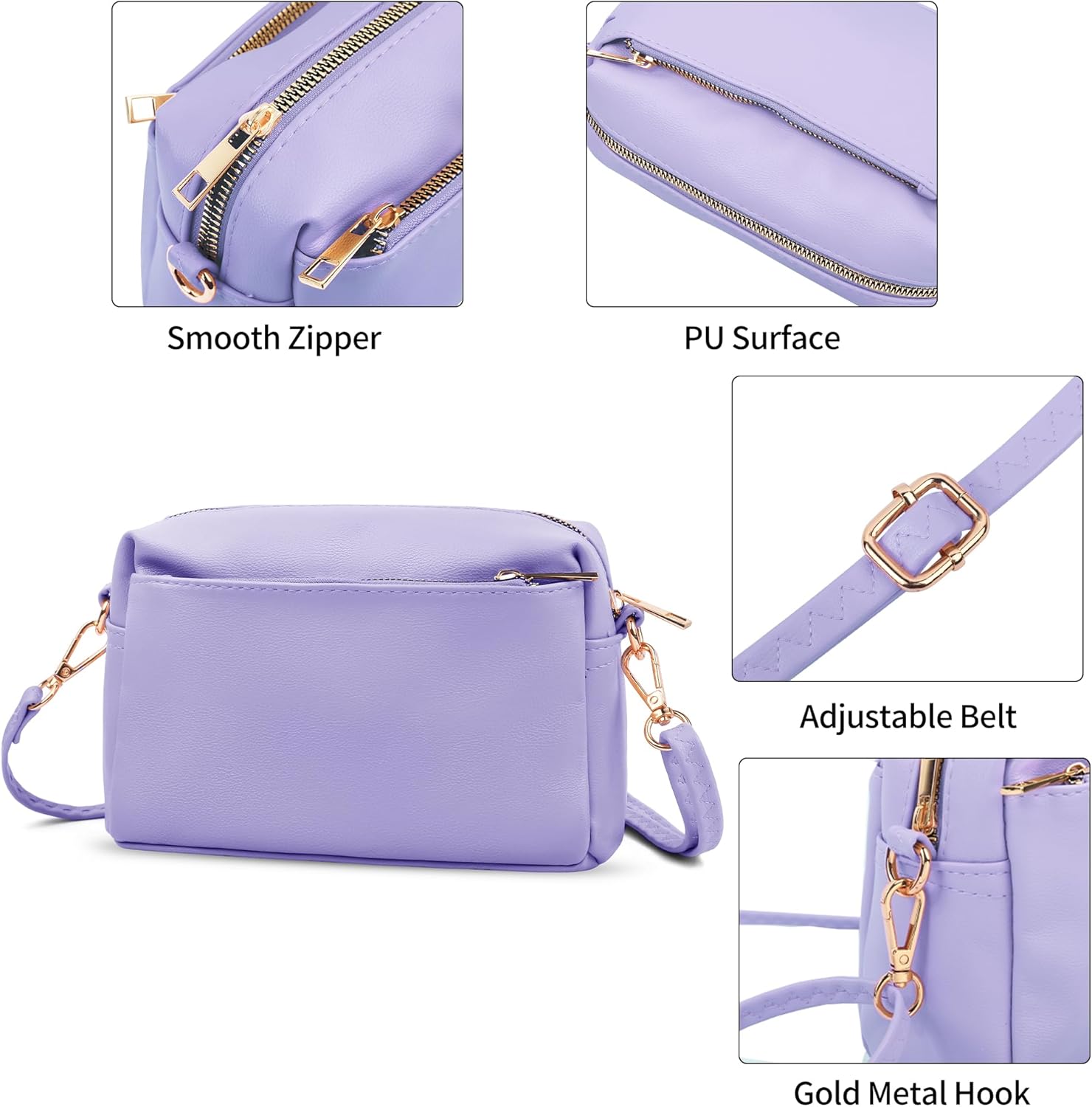 VOROLO Crossbody Bag Small Leather Triple Zip Crossbody Purse Shoulder Bag with Ajustable Strap for Women Lavender - Image 5