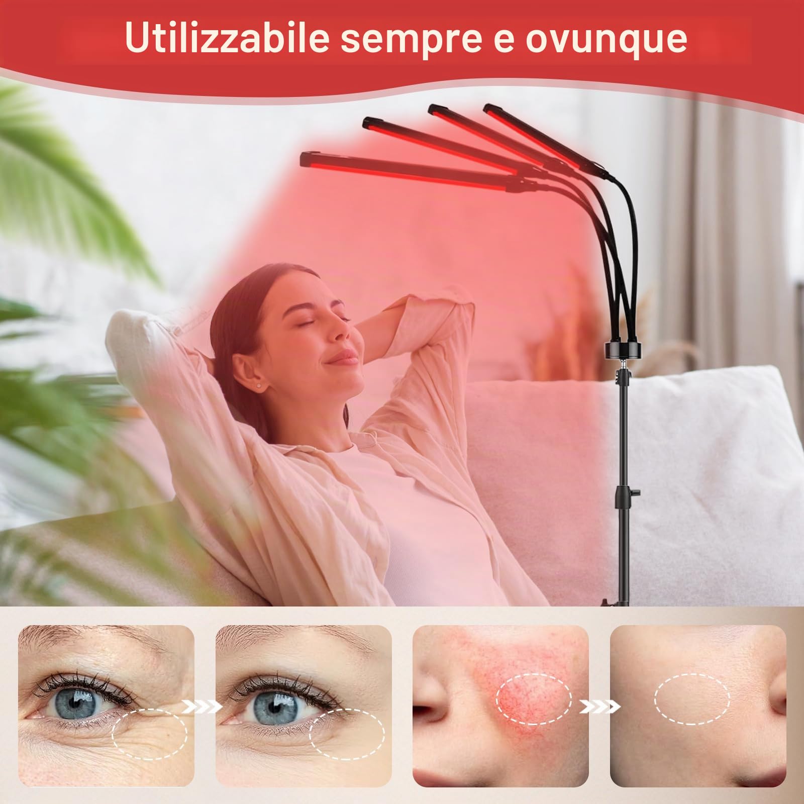 Lampada a 180 LED a luce rossa con supporto, 660 nm, 850 nm e 940 nm | Lampada a infrarossi, luce rossa con telecomando, 4 teste, luce rossa per uomini e donne, regalo di compleanno