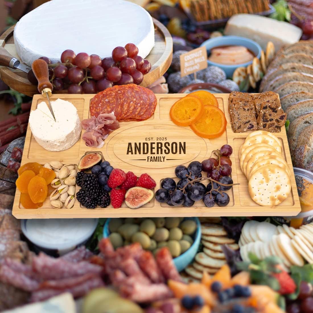 Andaz Press X-Large Personalized Charcuterie Board Gift, Custom Engraved Bamboo Wood Plank with Family Tray Serving Platter Cheese Board Cutting Board Wedding Anniversary Housewarming Christmas Gift