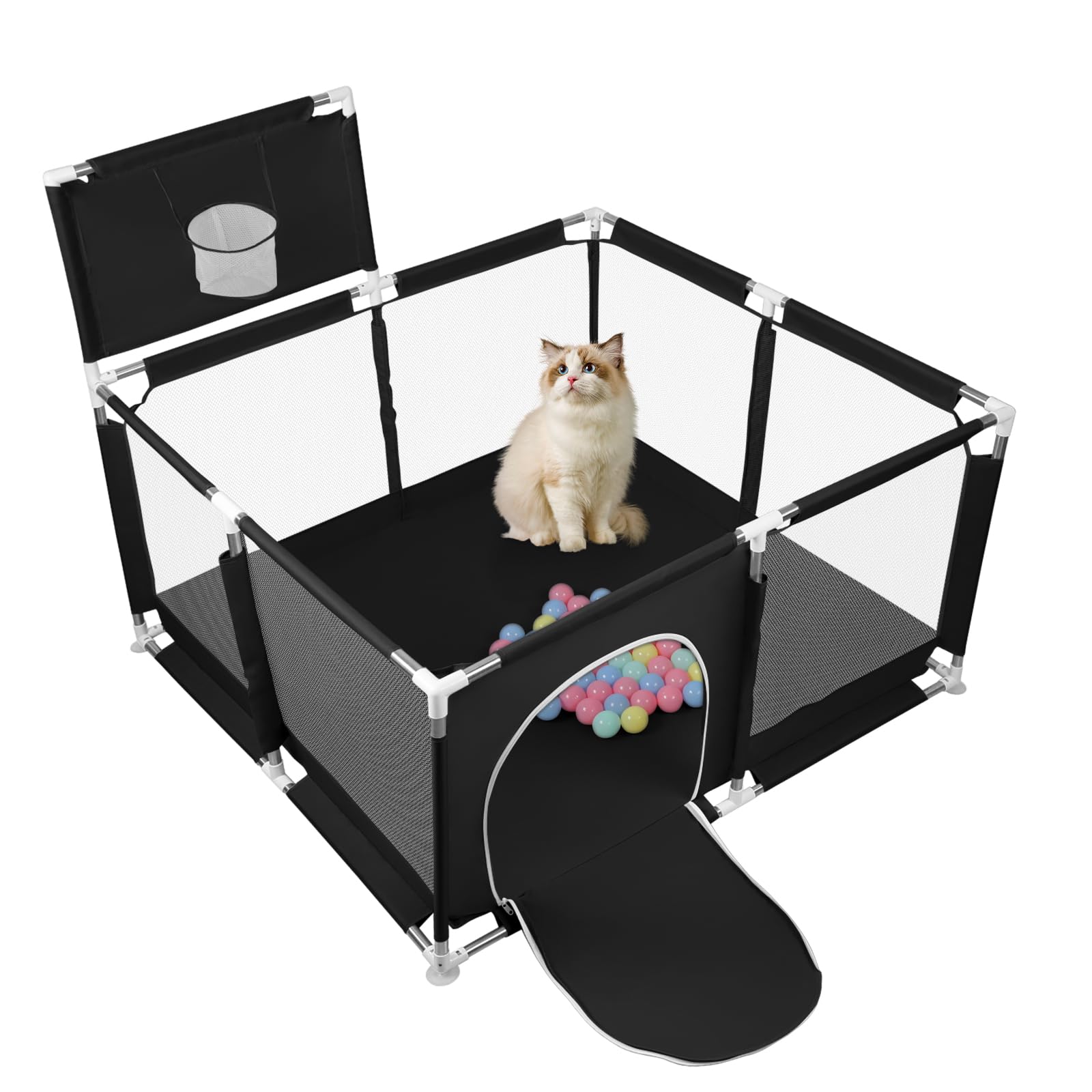 Parc Bébé en Tissu Oxford,d'Activité pour Enfants avec Base, Modulable, Pliable,Grand parc pour enfant en bas âge,50 Balles, Basketball Rack,Avec 4 Ventouses -126 x 126 x 66 cm - noir
