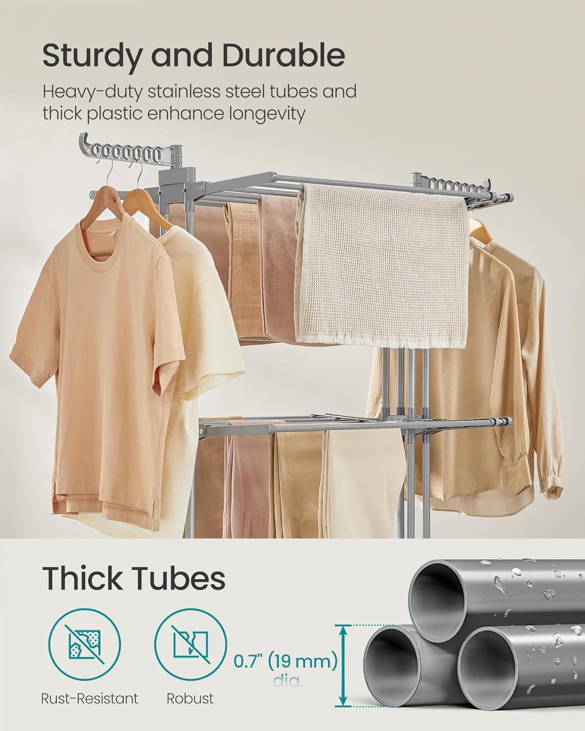 SONGMICS Clothes Drying Rack 4-Tier, Foldable Laundry Drying Rack 69.9-Inch Tall, Extendable Rods, Stainless Steel, Rolling Clothes Horses, Clothes Airer, Indoor Outdoor Use, Dove Gray ULLR704G01