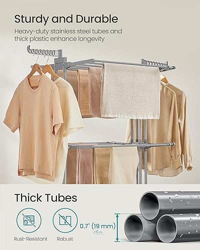 Miniatura 4 de SONGMICS Tendedero de ropa de 4 niveles, plegable, 69.9 pulgadas de alto, varillas extensibles, acero inoxidable, caballos para ropa rodantes,