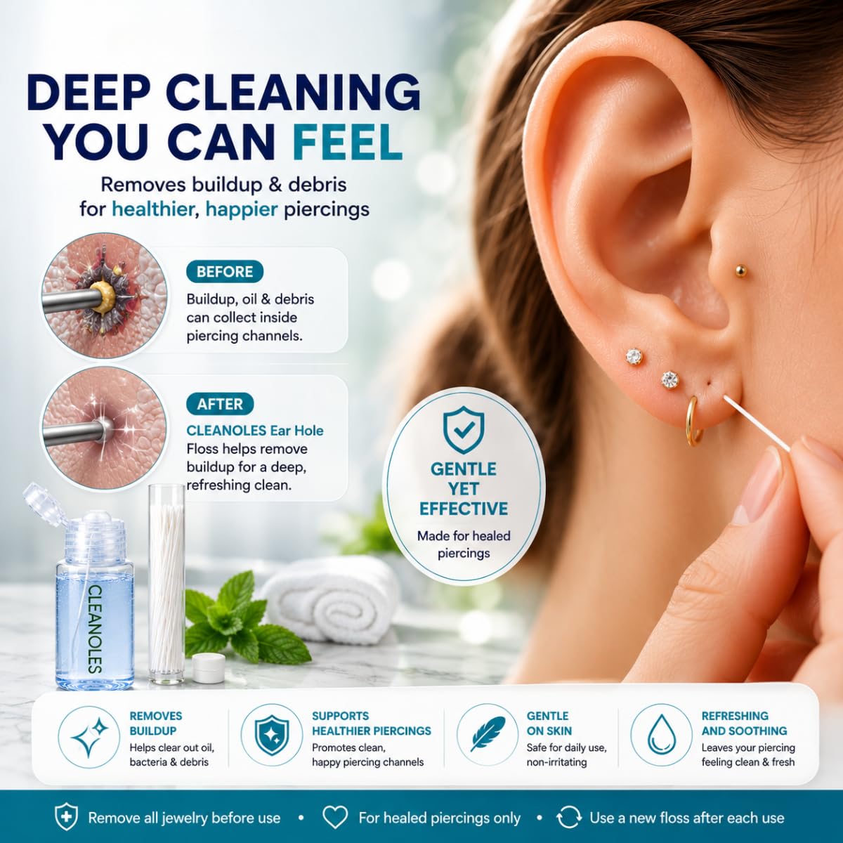 Cleanoles Kit de 70 fils dentaires de qualité spa avec solution de nettoyage de 25 ml, outil de nettoyage portable pour l'élimination des odeurs.