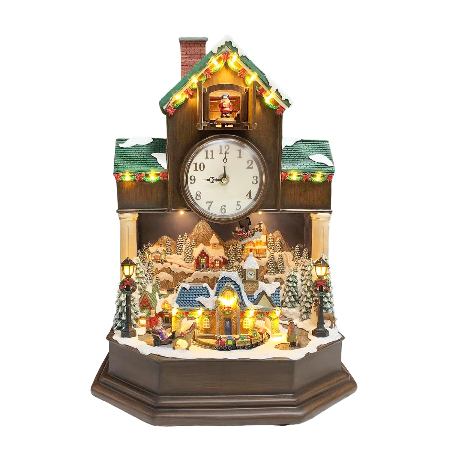MOMENTS IN TIME 17.1” Christmas Cuckoo Clock with Animated Christmas Village Scene LED Lights Music & Hourly Cuckoo Function Plug-in Power Adapter Included Holiday Home Décor Display