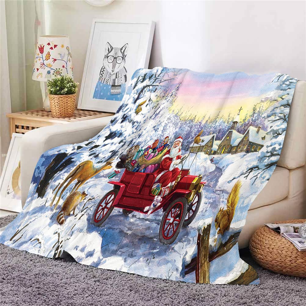 Winter Flannel Blanket for Bed and Sofa, Christmas 3D Printing Super Soft Fleece Blankets, Fluffy and Warm Microfiber Bedspread (Christmas Car, 130 x 100 cm)
