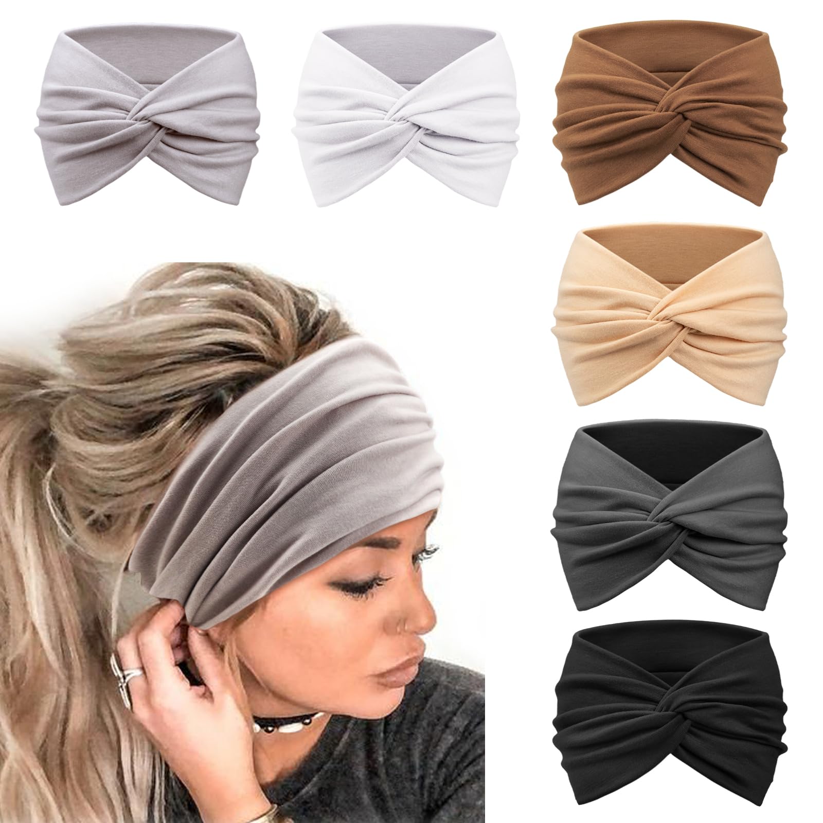 DRESHOW 6 Pack Wide Headbands for Women Extra Large Turban Headband Boho Head Wrap Elastic Hairbands Hair Twisted Knot Hair Accessories
