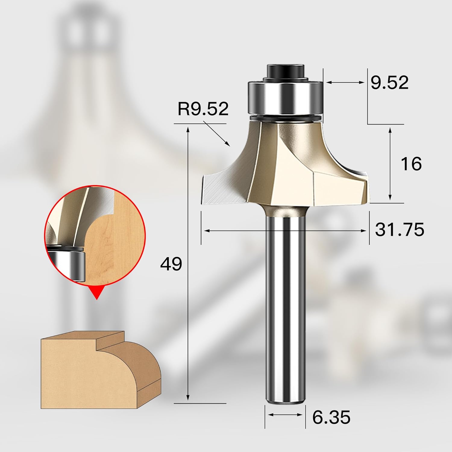 HUHAO Roundover Router Bit 1/4 Shank,Radius in 3/8",Carbide Tip 2 Flutes Corner Rounding Over Edge Forming Router Bit with Bearing Guide CNC Woodworking Tool