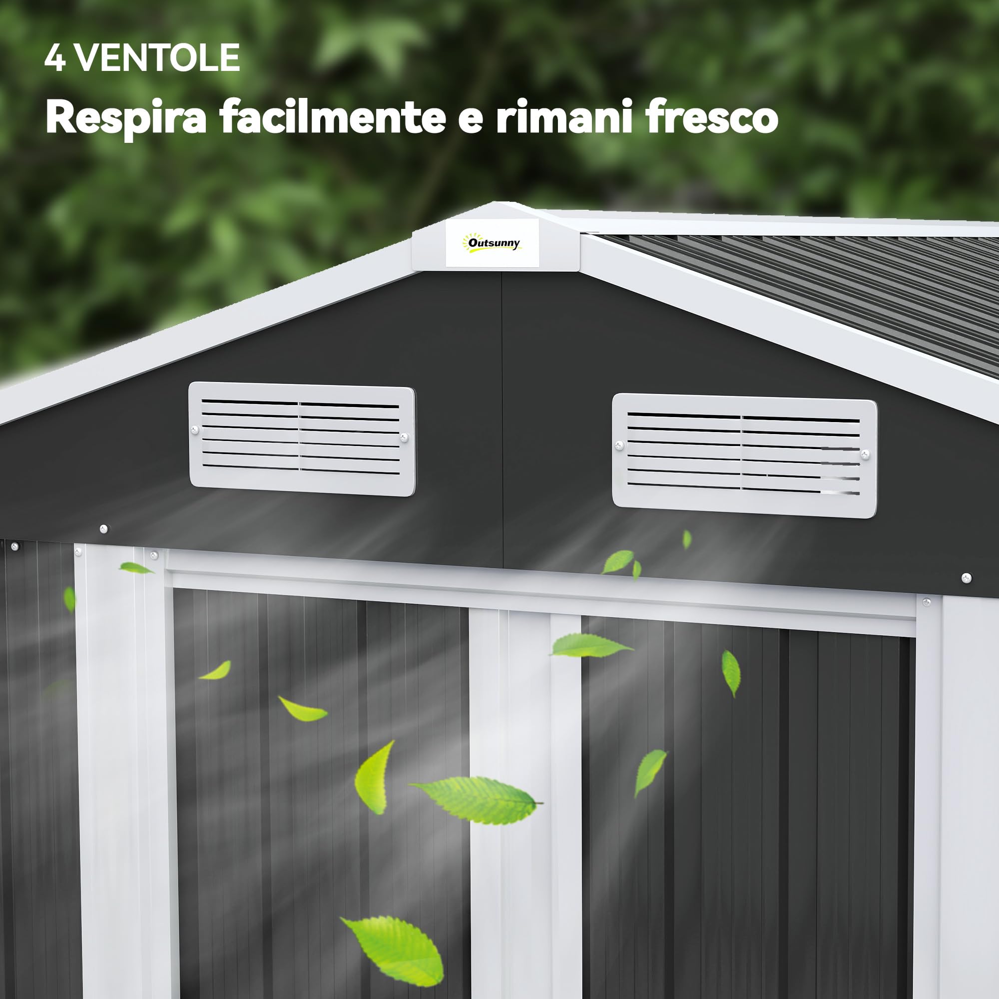 Outsunny Casetta da Giardino 2.8m² Acciaio Zincato con Prese d'Aria, Capanno Attrezzi 2 Porte Scorrevoli, 195.5x158.5x188 cm, Nero