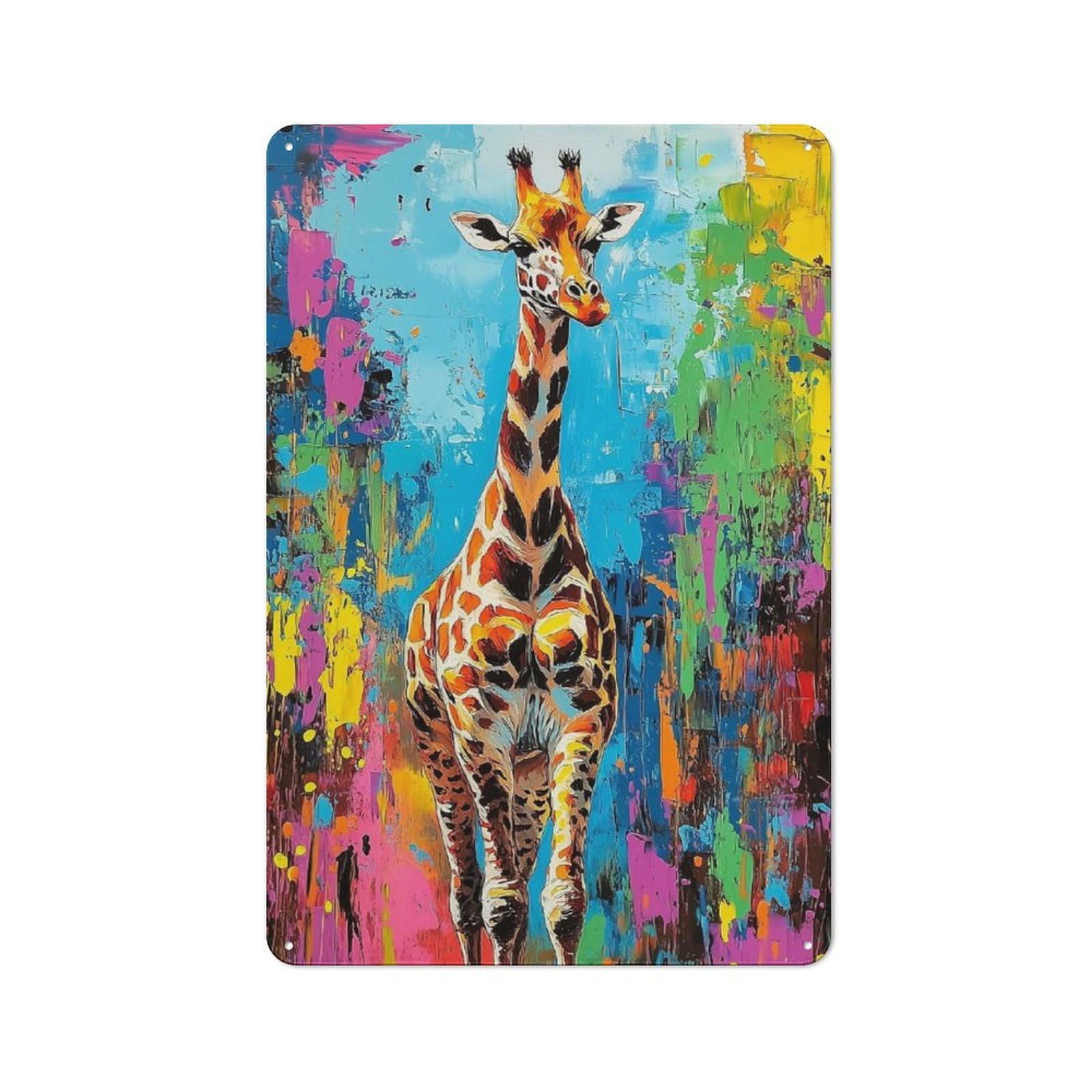Junmoney Style-20 Metal Plaque 30X20cm With Giraffe Print Colorful For Hallway Wall, Rustic Decor, A Metal Wall Feature For Hallways And Entrance Areas
