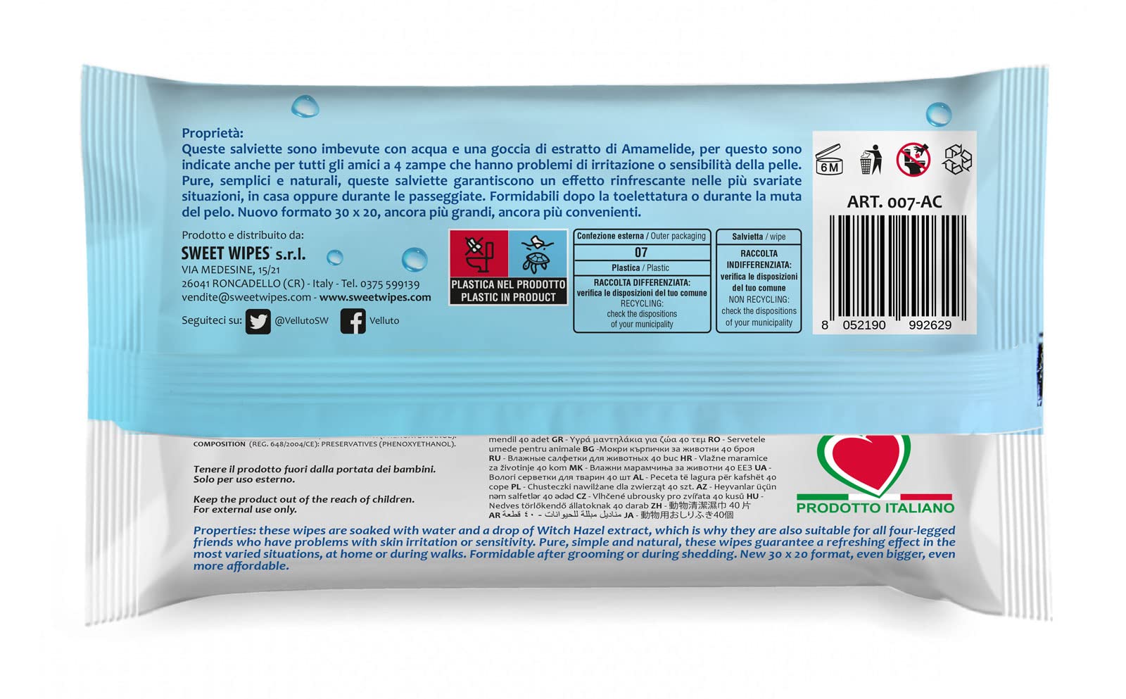 Amore Mio | 560 Salviette Acqua Extra Large, Igienizzanti e Purificanti, per Il Manto di Cani, Gatti e Animali Domestici, Disinfettanti, 30x20 cm - 14 Confezioni da 40 Salviettine