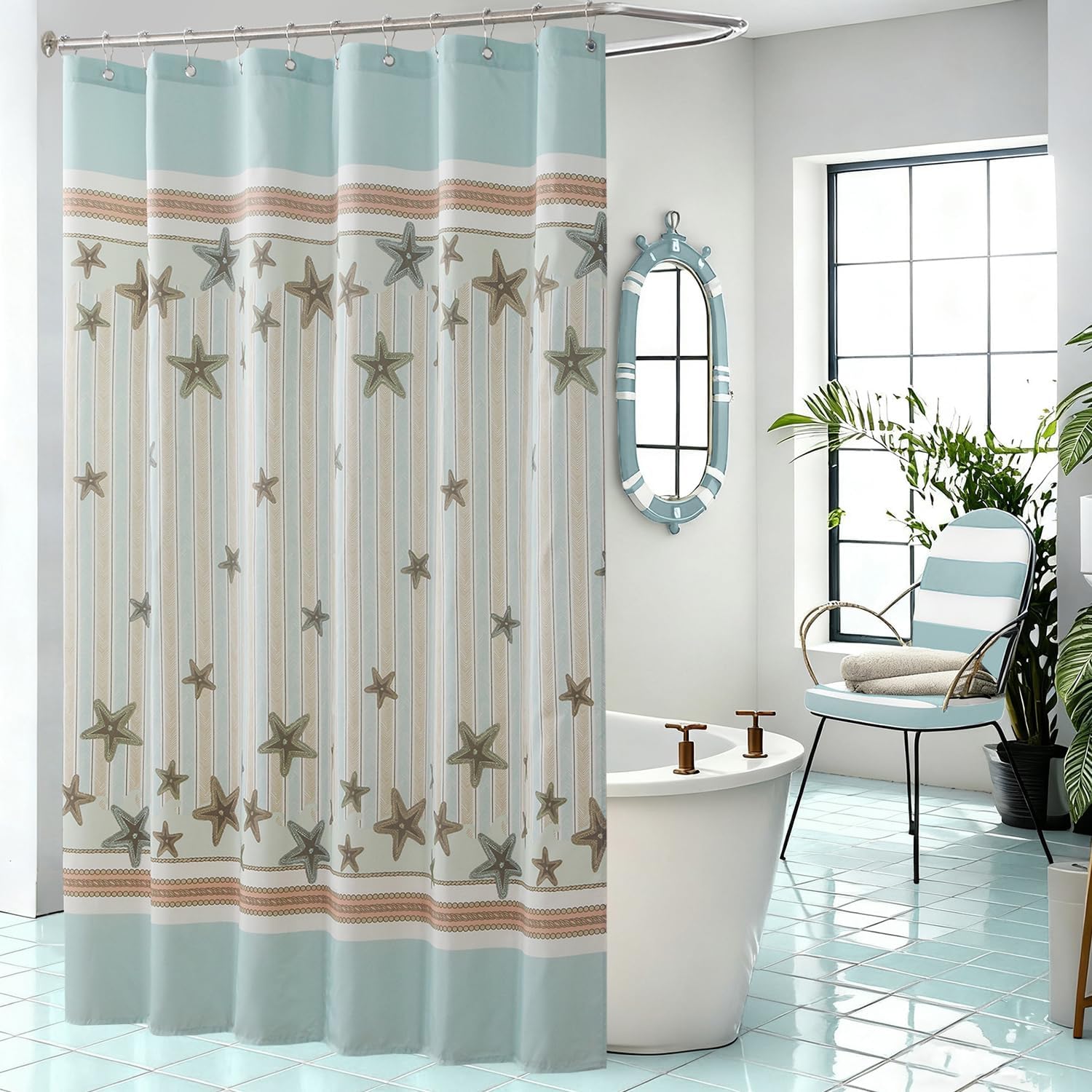 Medallion Ocean Waterproof Fabric Under The Sea Printed Polyester Farmhouse Coastal Beach Shower Curtain for Bathroom, 72" W x Extra 78" H