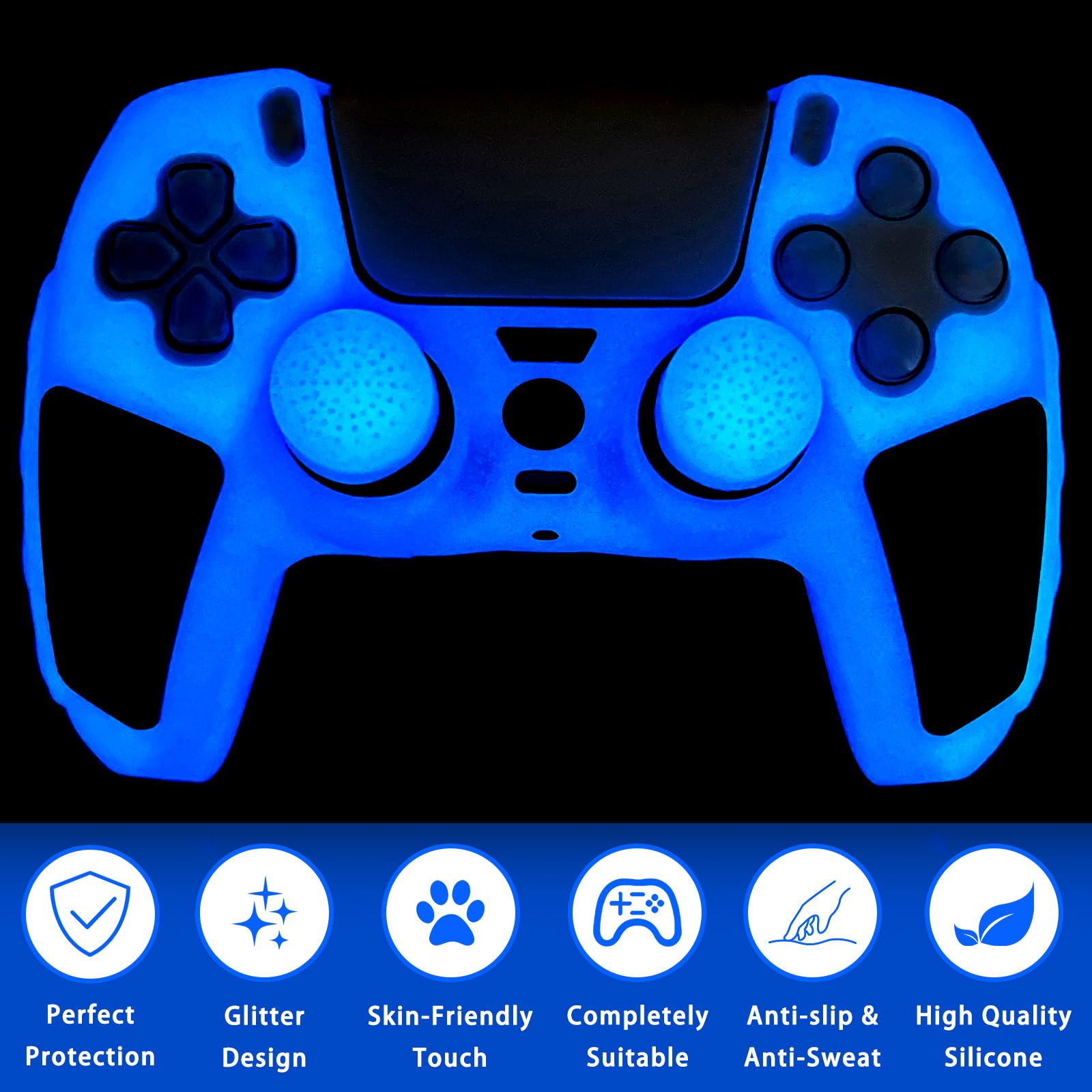 Glow in The Dark PS5 Controller Skin, Glitter Blau Anti-Slip Soft Thicked Spiked Silicone Cover Skins Kompatibel mit PS5 Controller, inklusive 8 PCS Glitter Glow Thumb Grips und 2 Grips Caps.