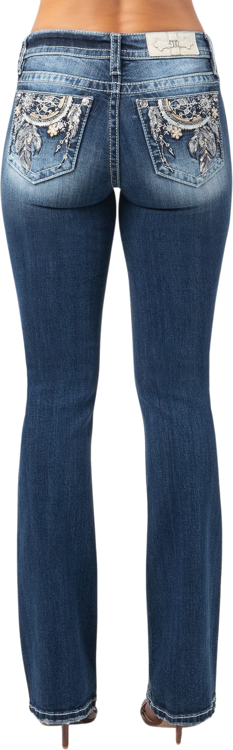 Miss MeWomen's Mid-Rise Studded Flower Dream Catcher Embellished Boot Cut Jeans