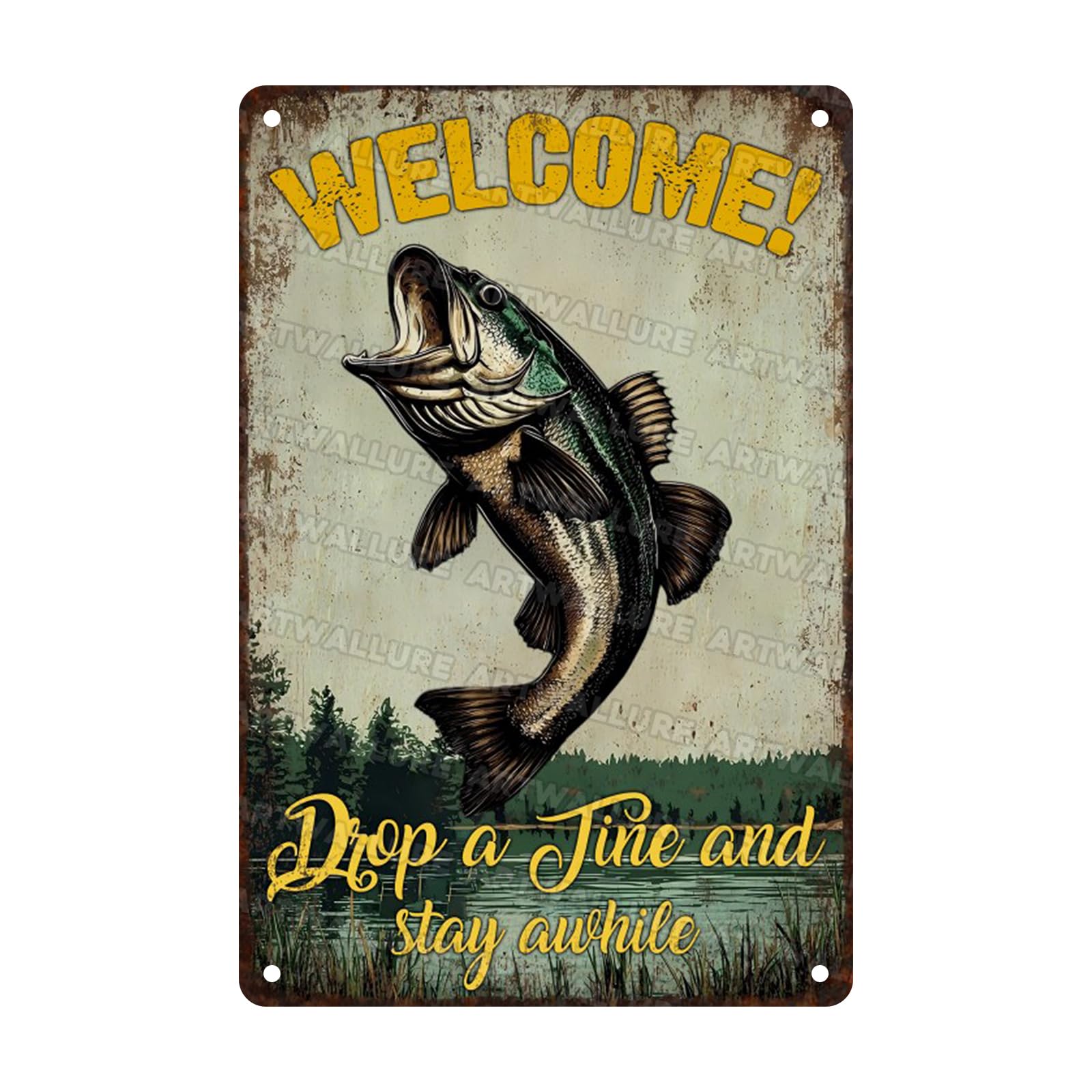 Anceky Funny Metal Tin Sign Welcome Bass Metal Sign Vintage Wall Decor For Home Bar Backyard Cafe Kitchen 12×8 Inch