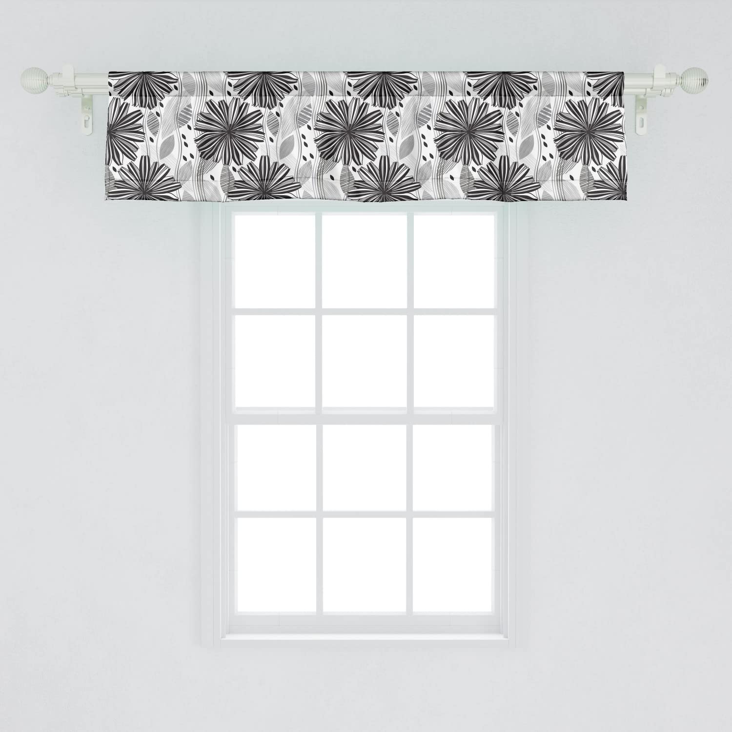 Lunarable Black and White Window Valance Pack of 2, Nature-Inspired Modern Abstract Ornament of Flowers and Leaves, Rod Pocket Curtain Valances for