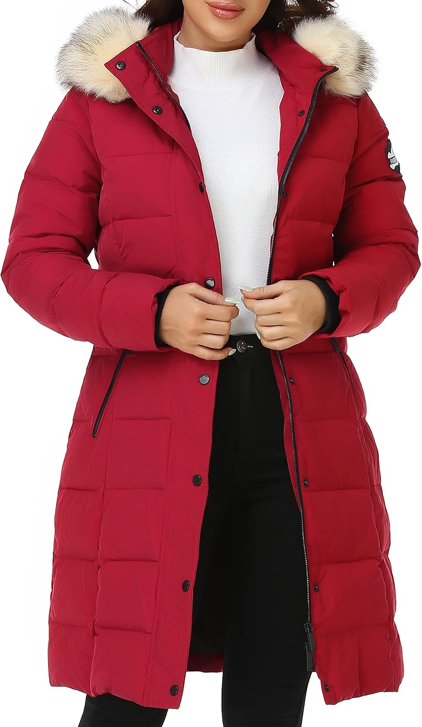 PUREMSX Winter Puffer Jacket for Women, Warm Fur Hood Outdoor Thick Insulated Quilted Long Coat XS-XXL