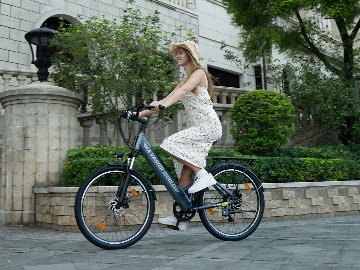 Bici Elettrica 26 Pollici Uomo Donna, Batteria 48V 7,8Ah, 25 km/h, 7 Velocità, Freni a Disco, Sospensione Anteriore, LED, Bicicletta Elettrica per Città